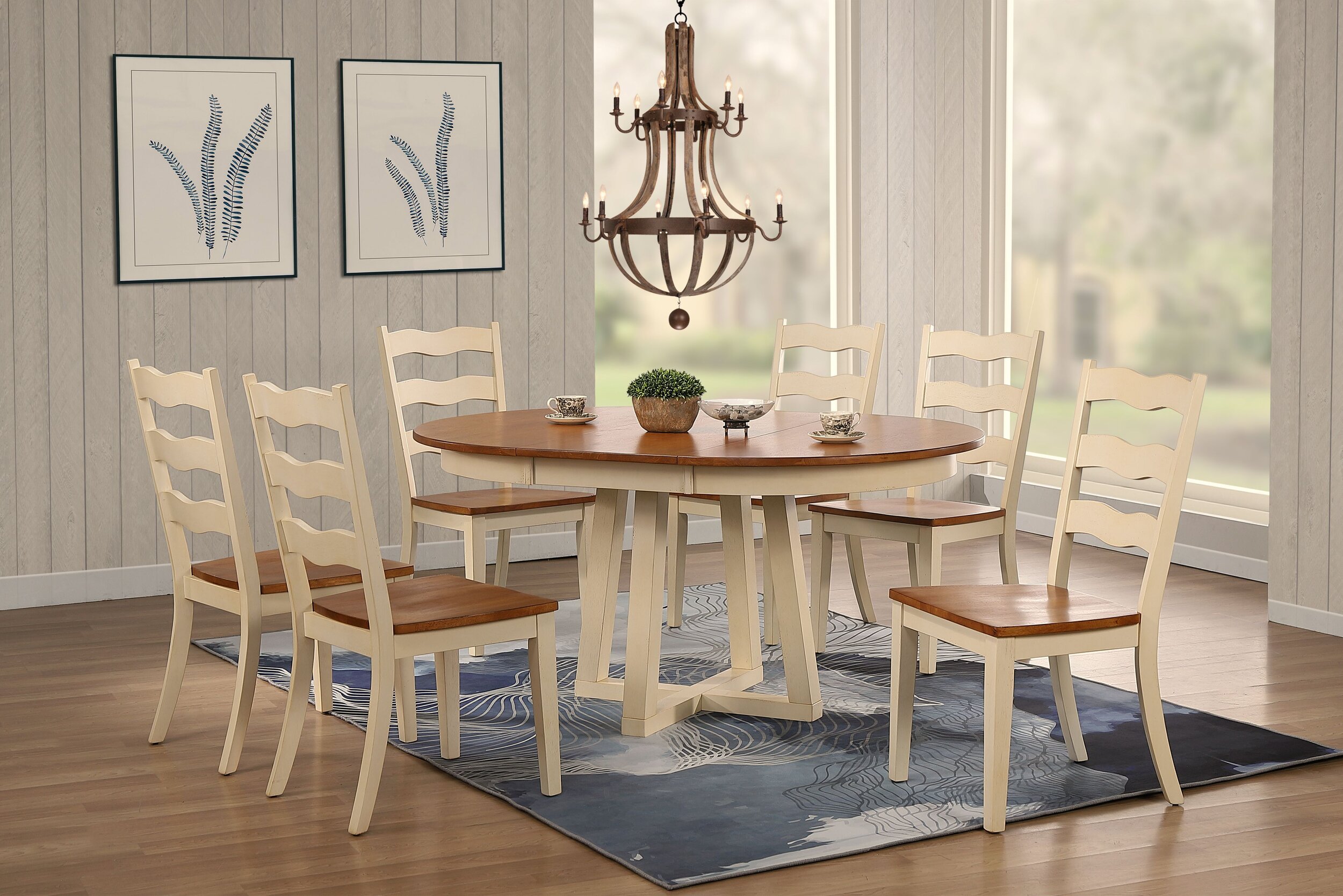 45"x45"x63" Antiqued Caramel Biscotti Transitional Ladder Back 7-Piece Cross Pedestal Dining Set