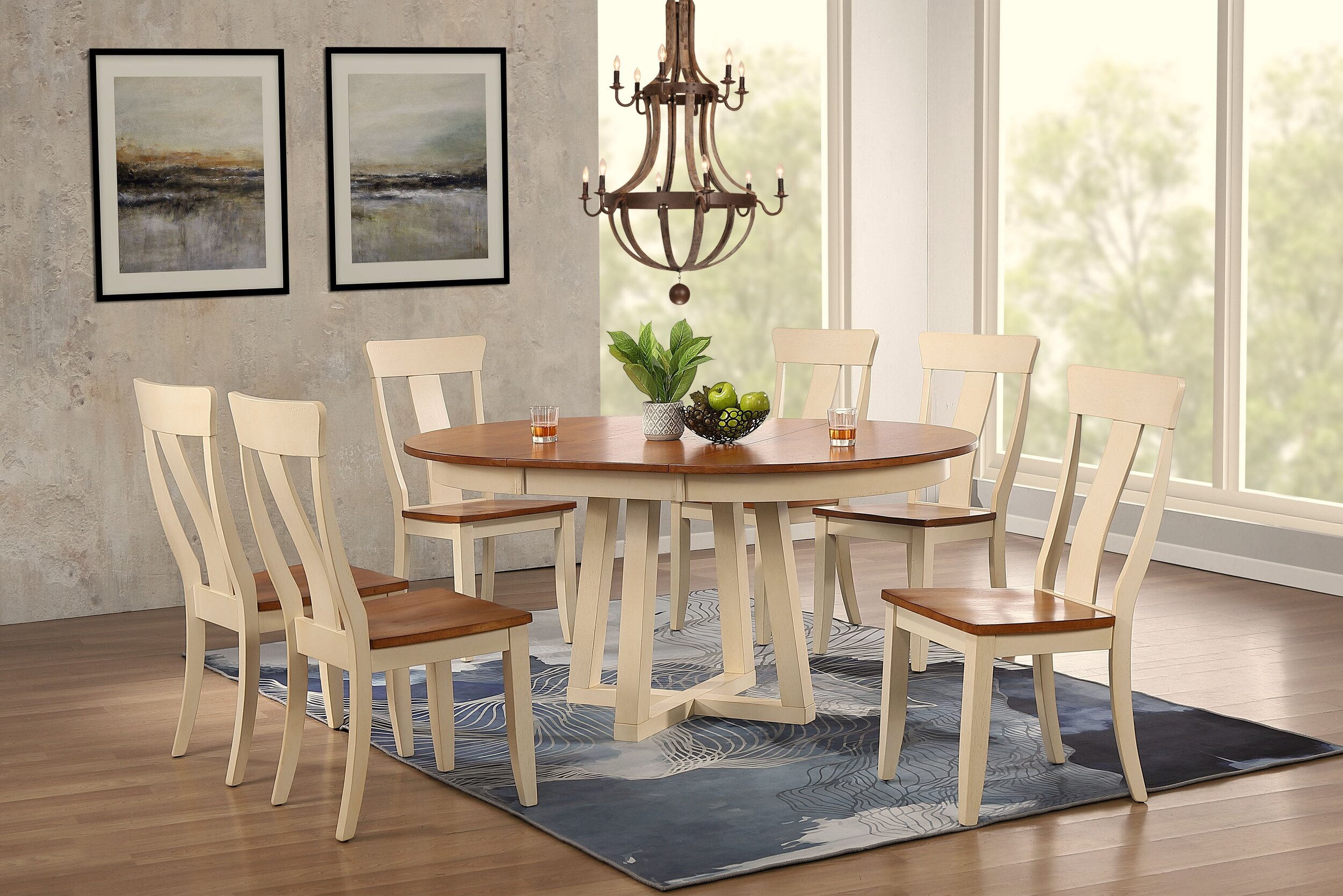 45"x45"x63" Antiqued Caramel Biscotti Panel Back 7-Piece Cross Pedestal Dining Set