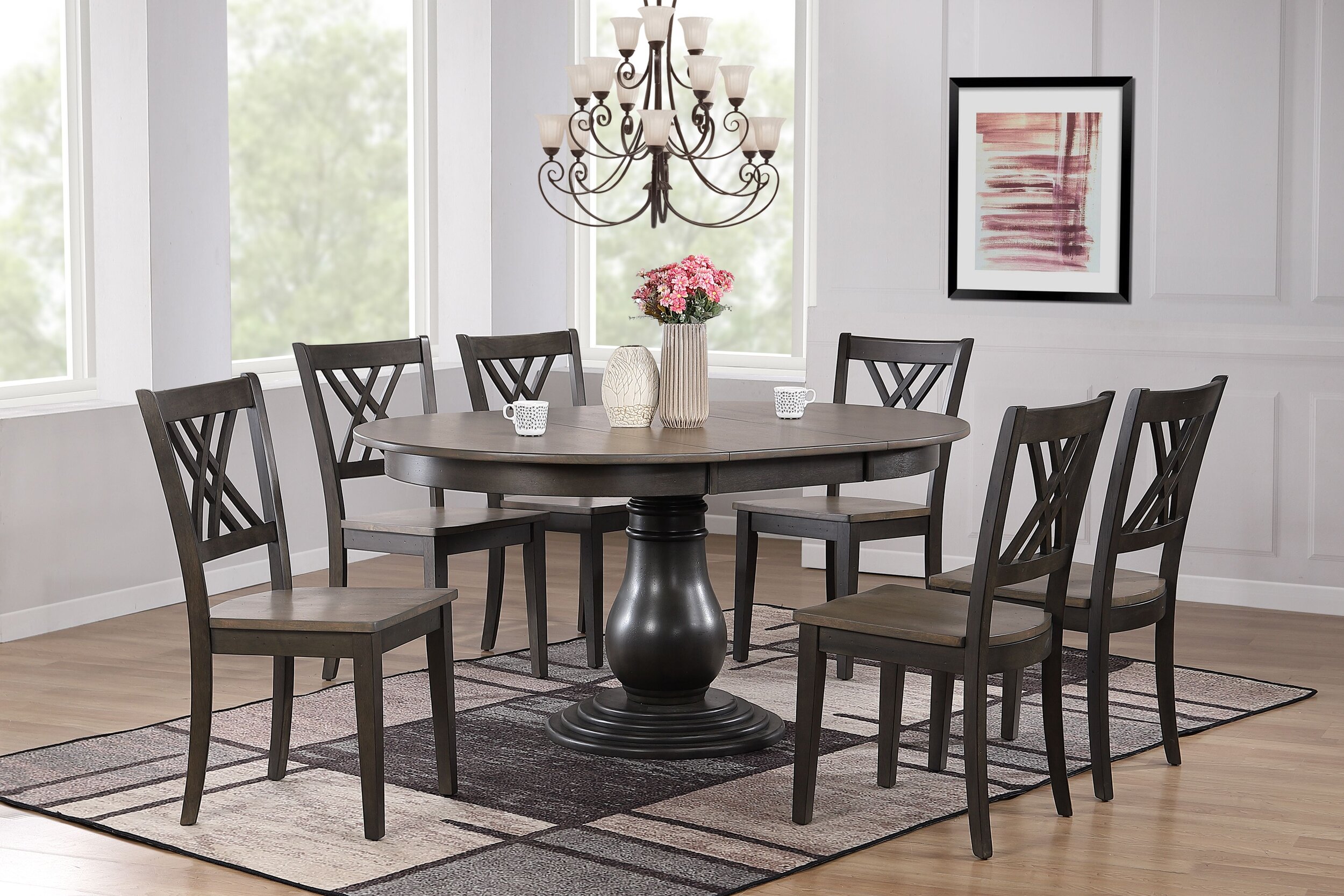 45"x45"x63" Antiqued Grey Stone Black Stone Double X-Back 7-Piece Bella Dining Set