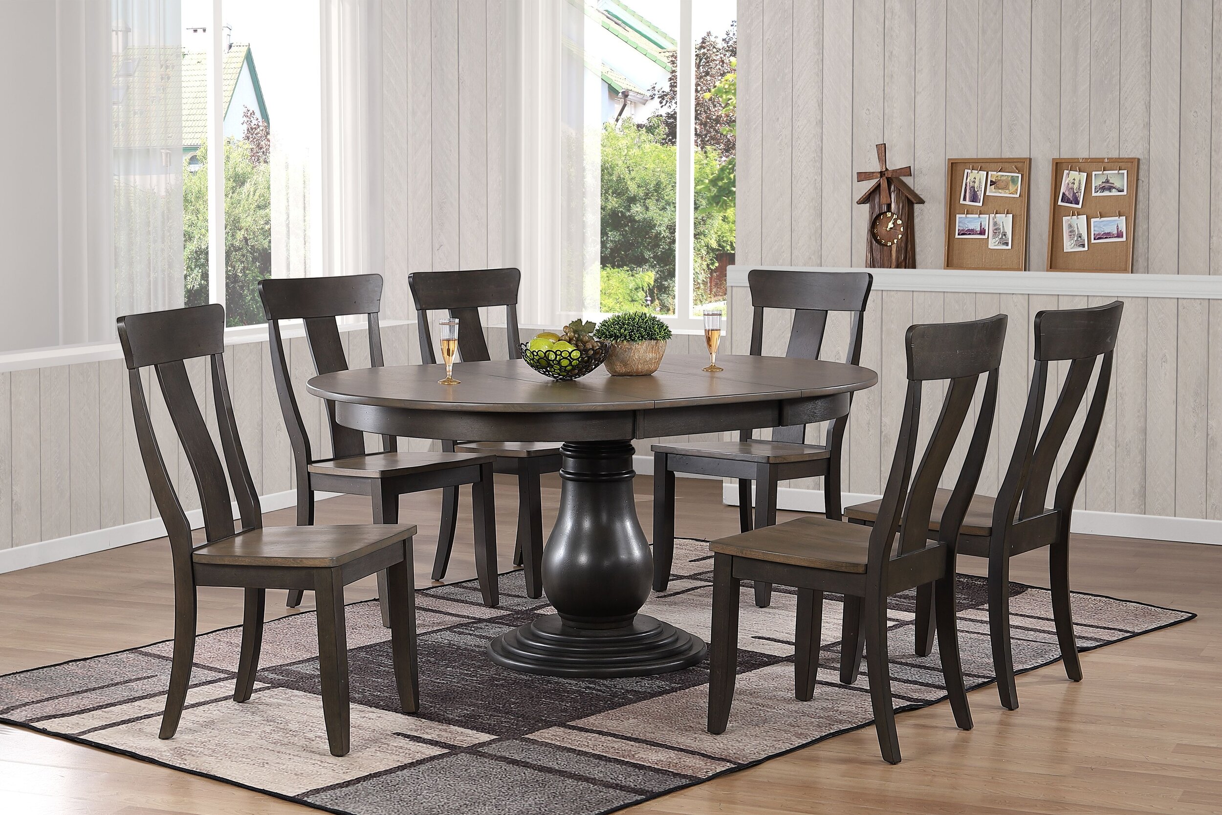 45"x45"x63" Antiqued Grey Stone Black Stone Panel Back 7-Piece Bella Dining Set