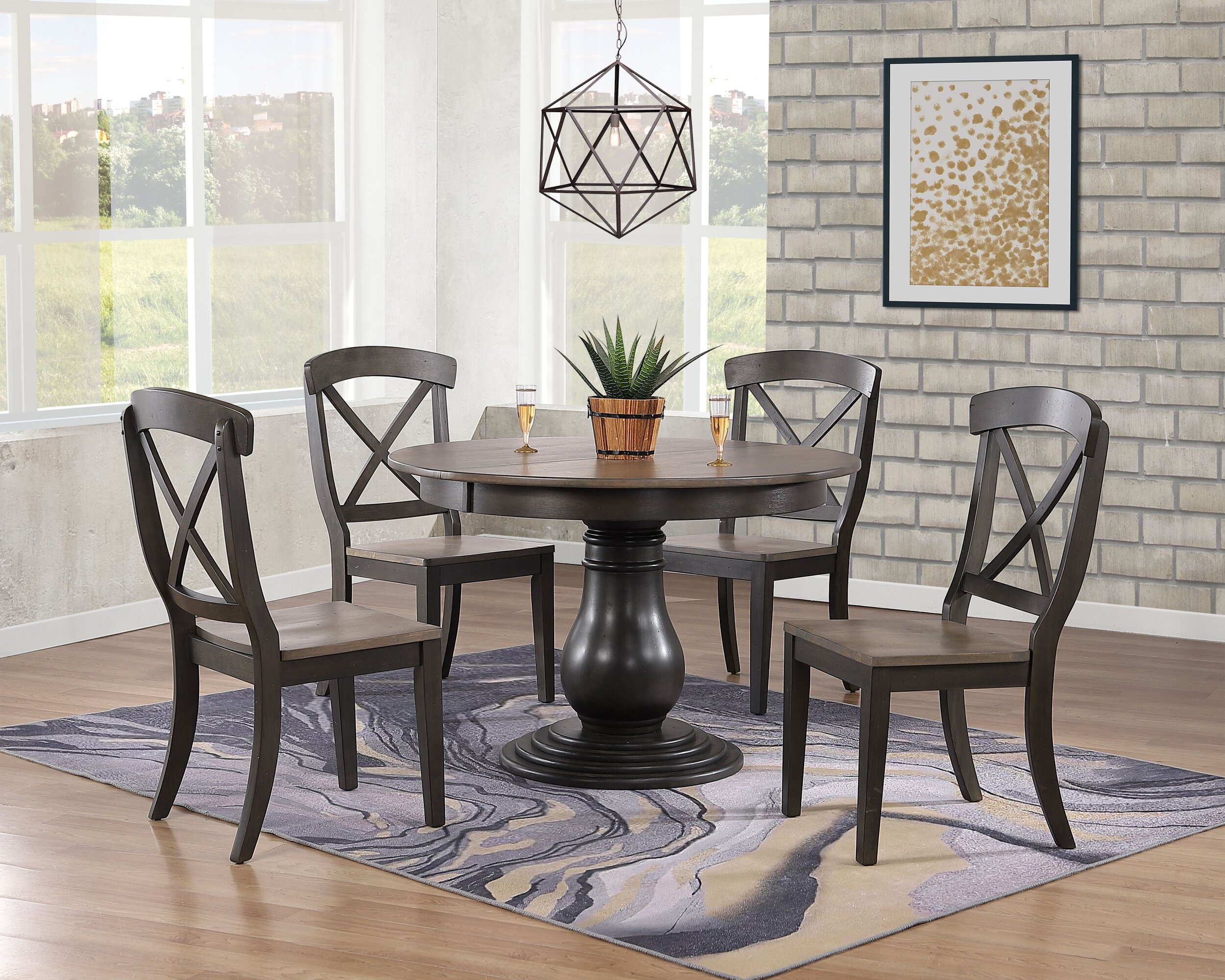 45"x45"x63" Antiqued Grey Stone Black Stone Transitional X-Back 5-Piece Bella Dining Set