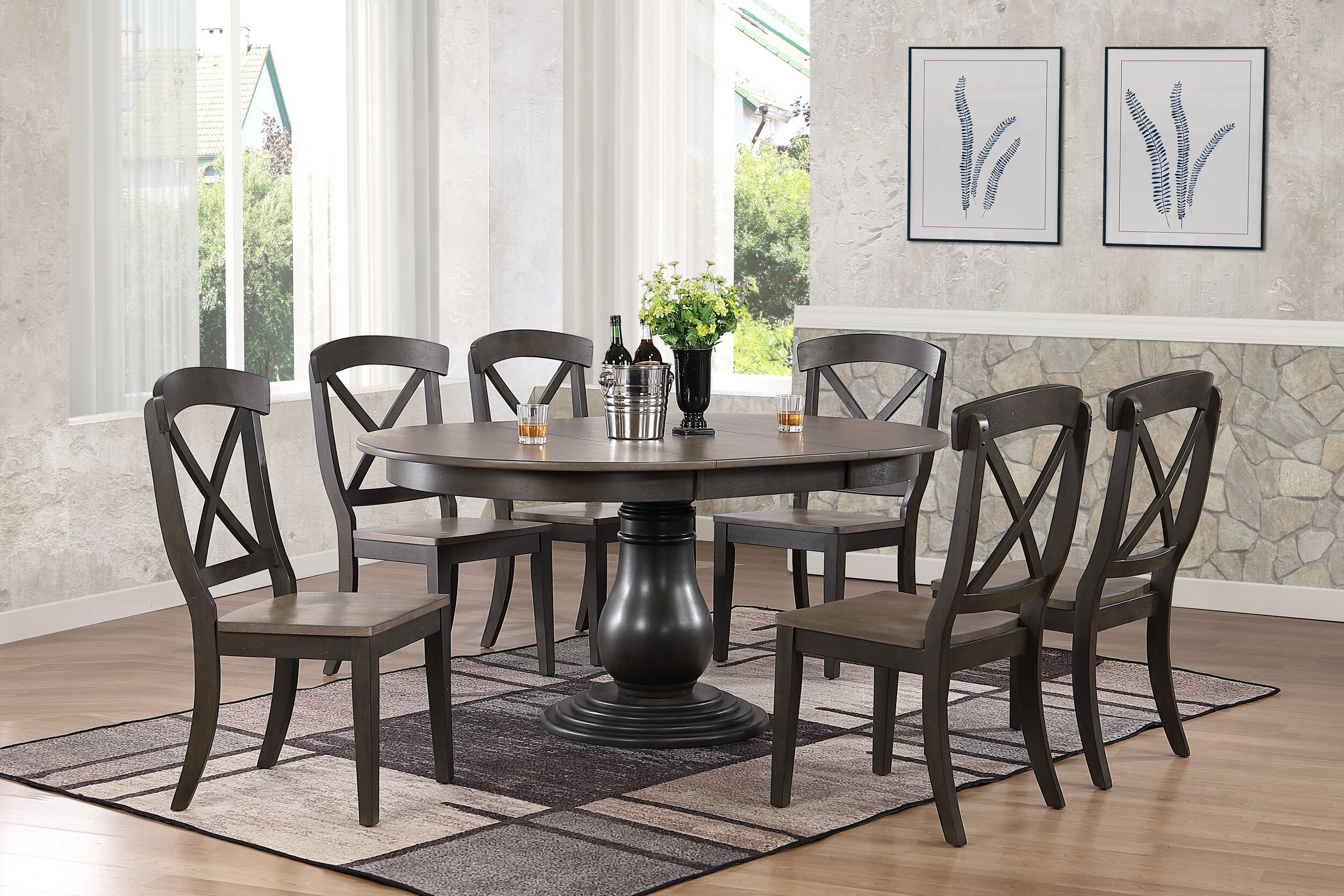 45"x45"x63" Antiqued Grey Stone Black Stone Transitional X-Back 7-Piece Bella Dining Set