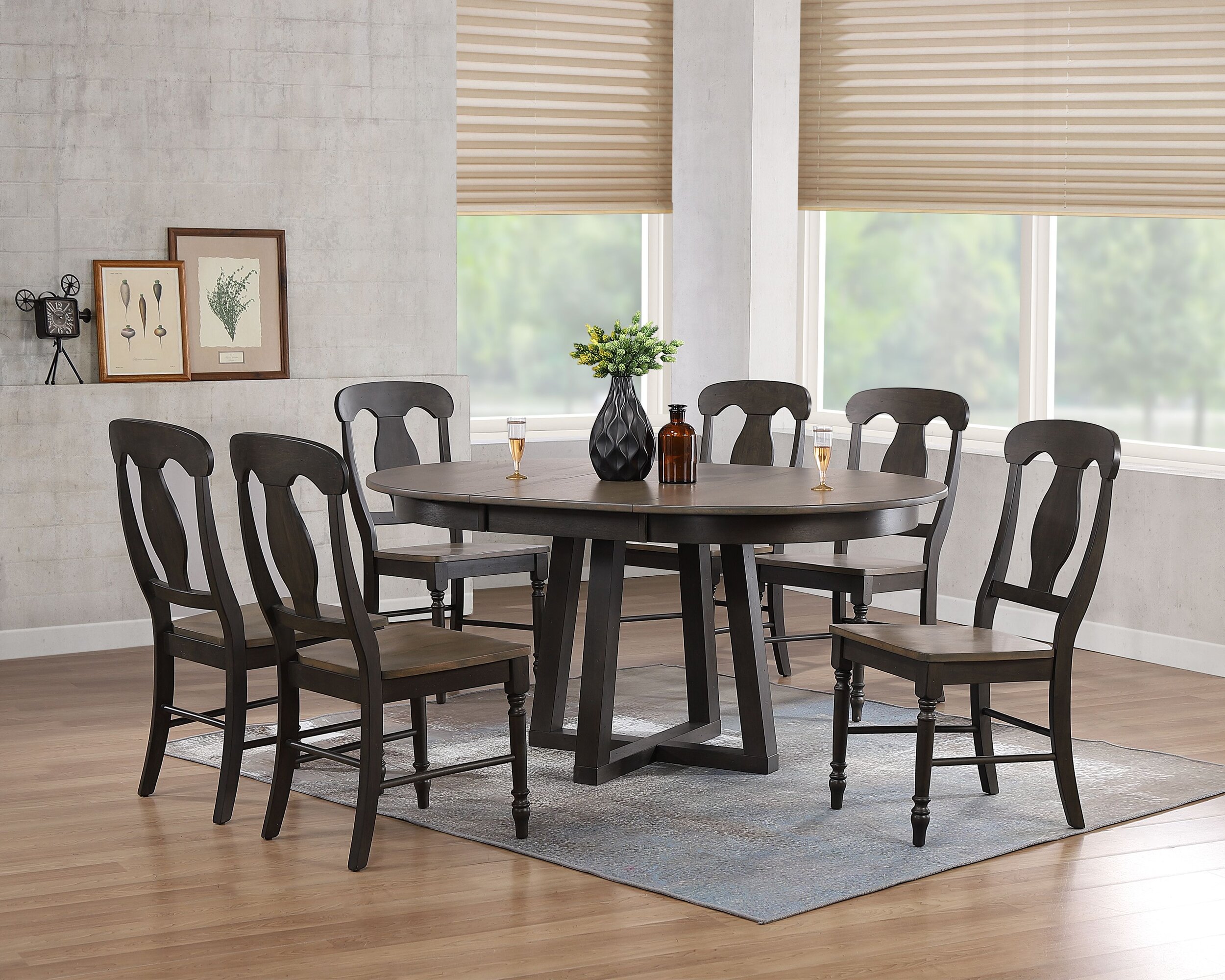 45"x45"x63" Antiqued Grey Stone Black Stone Napoleon Back 7-Piece Cross Pedestal Dining Set