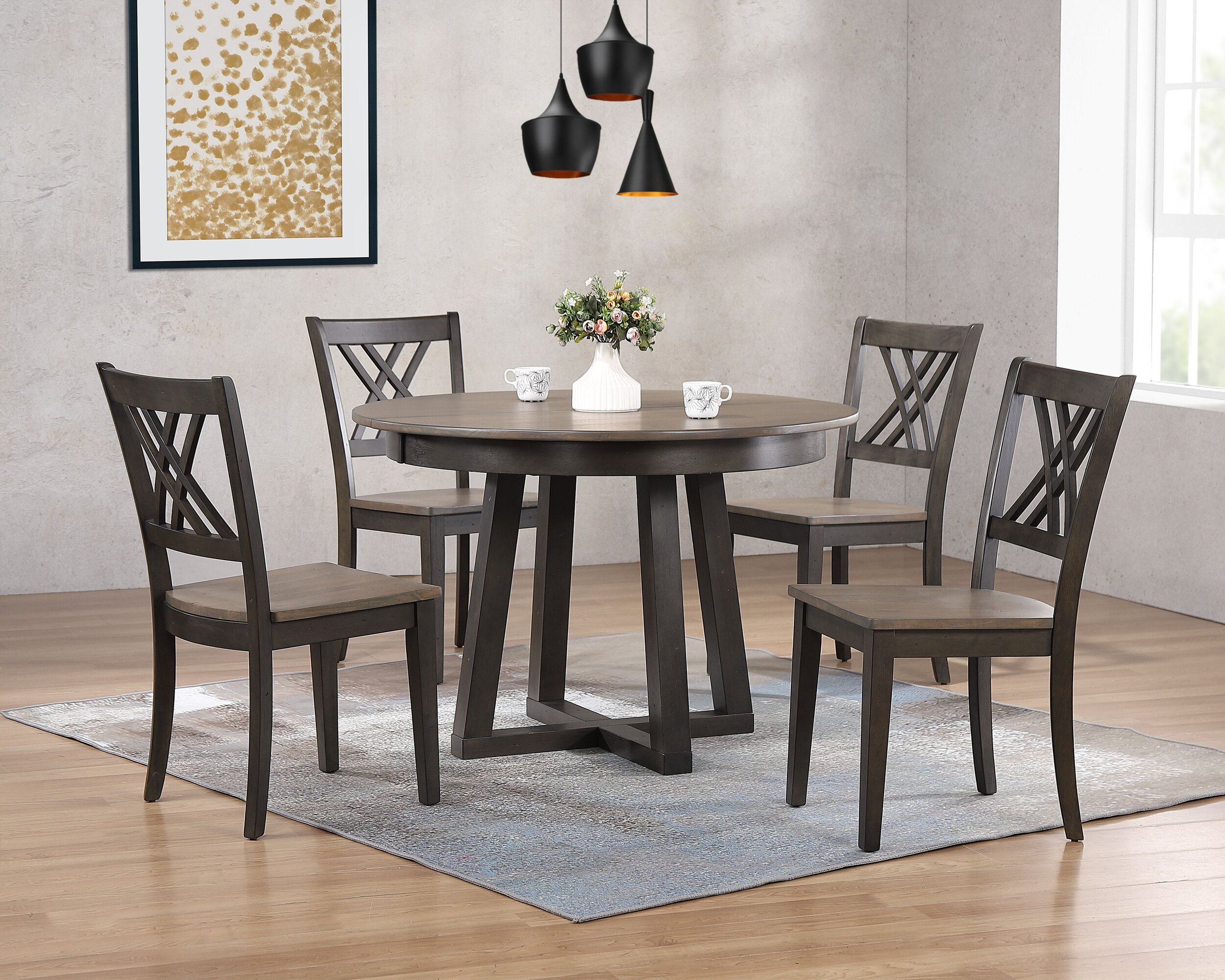 45"x45"x63" Antiqued Grey Stone Black Stone Double X-Back 5-Piece Cross Pedestal Dining Set