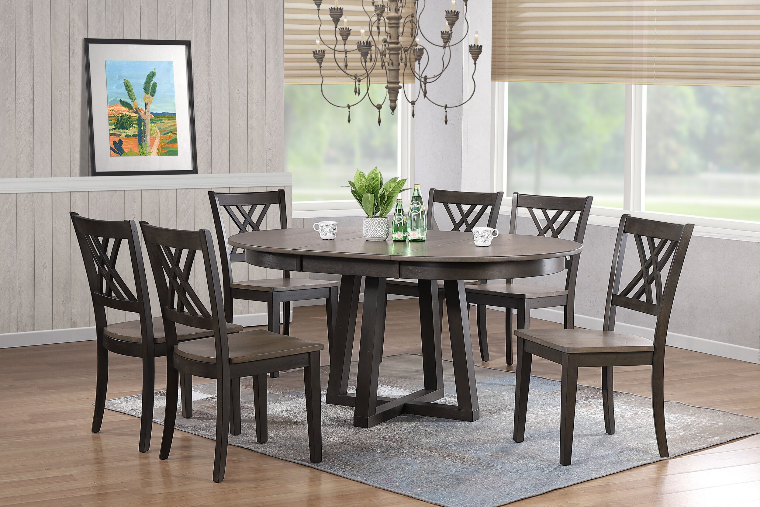 45"x45"x63" Antiqued Grey Stone Black Stone Double X-Back 7-Piece Cross Pedestal Dining Set