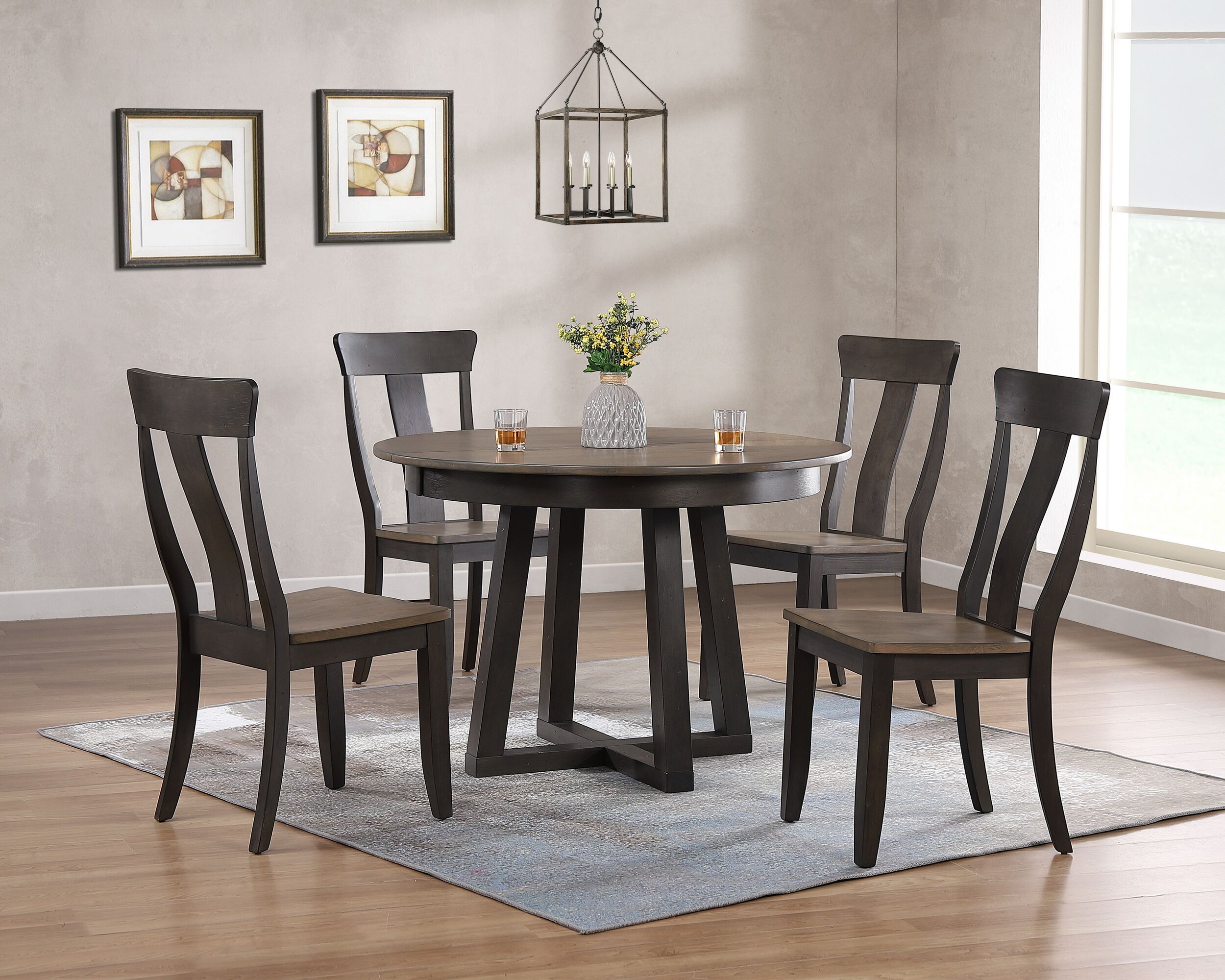 45"x45"x63" Antiqued Grey Stone Black Stone Panel Back 5-Piece Cross Pedestal Dining Set