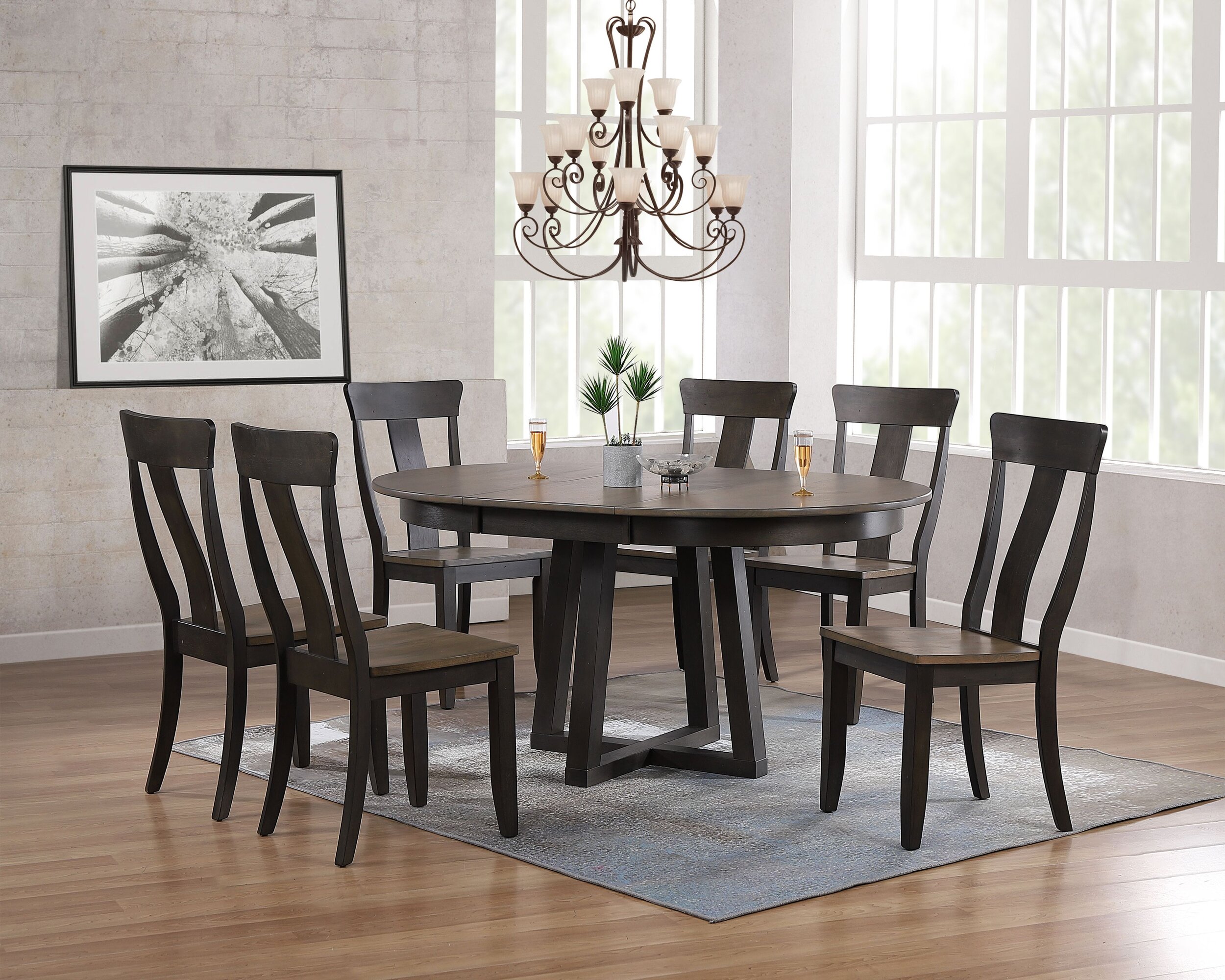 45"x45"x63" Antiqued Grey Stone Black Stone Panel Back 7-Piece Cross Pedestal Dining Set