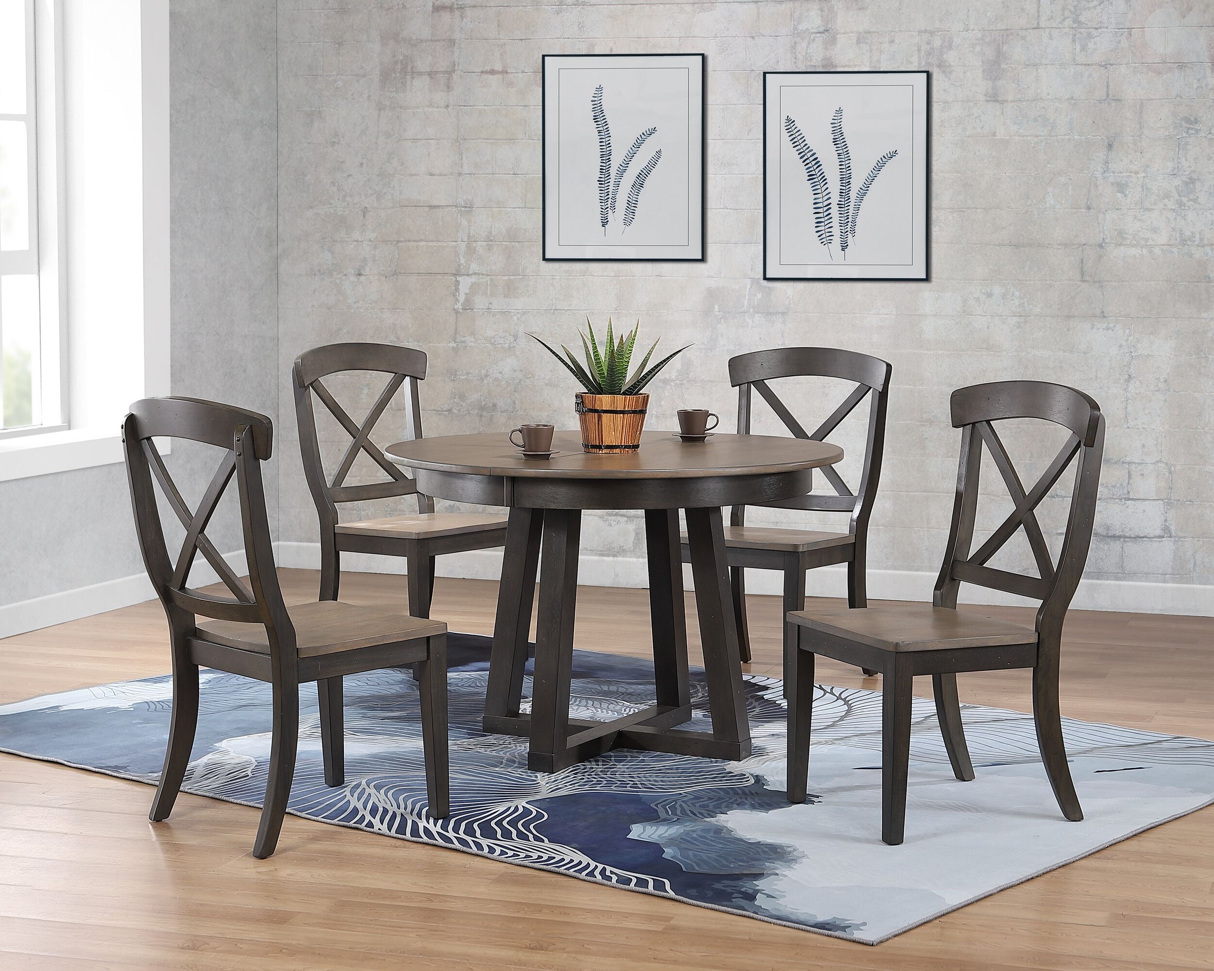 45"x45"x63" Antiqued Grey Stone Black Stone Transitional X-Back 5-Piece Cross Pedestal Dining Set