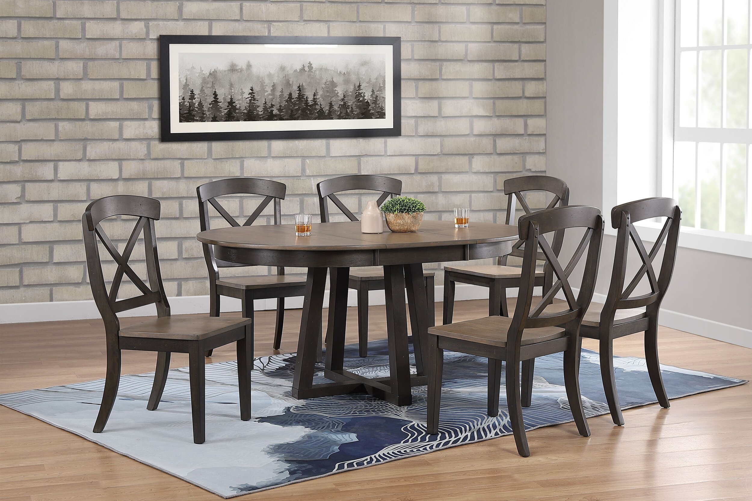 45"x45"x63" Antiqued Grey Stone Black Stone Transitional X-Back 7-Piece Cross Pedestal Dining Set