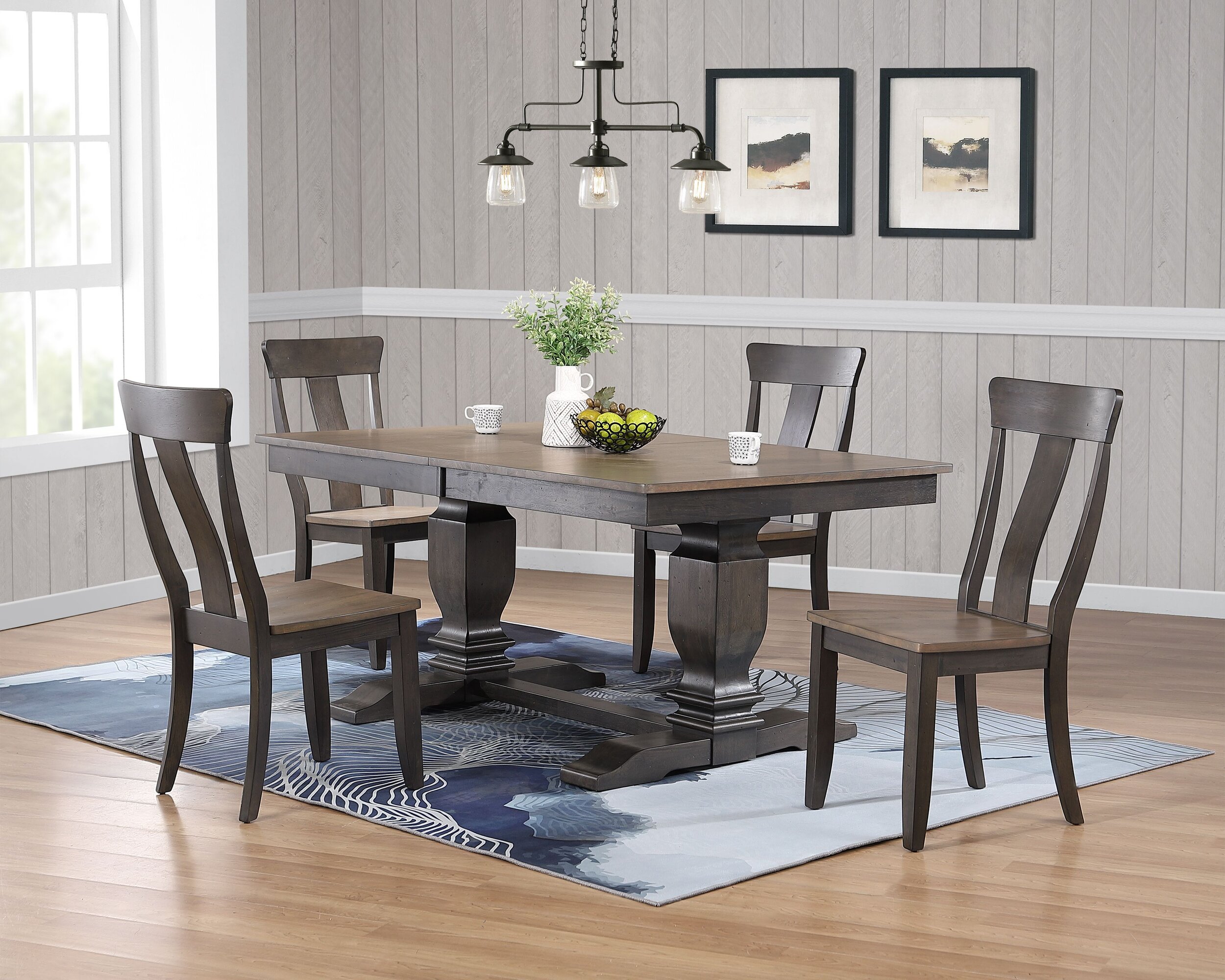42"x64"x82" Double Transitional Pedestal In Antique Grey Stone Black Stone Panel Back 5-Piece Dining Set