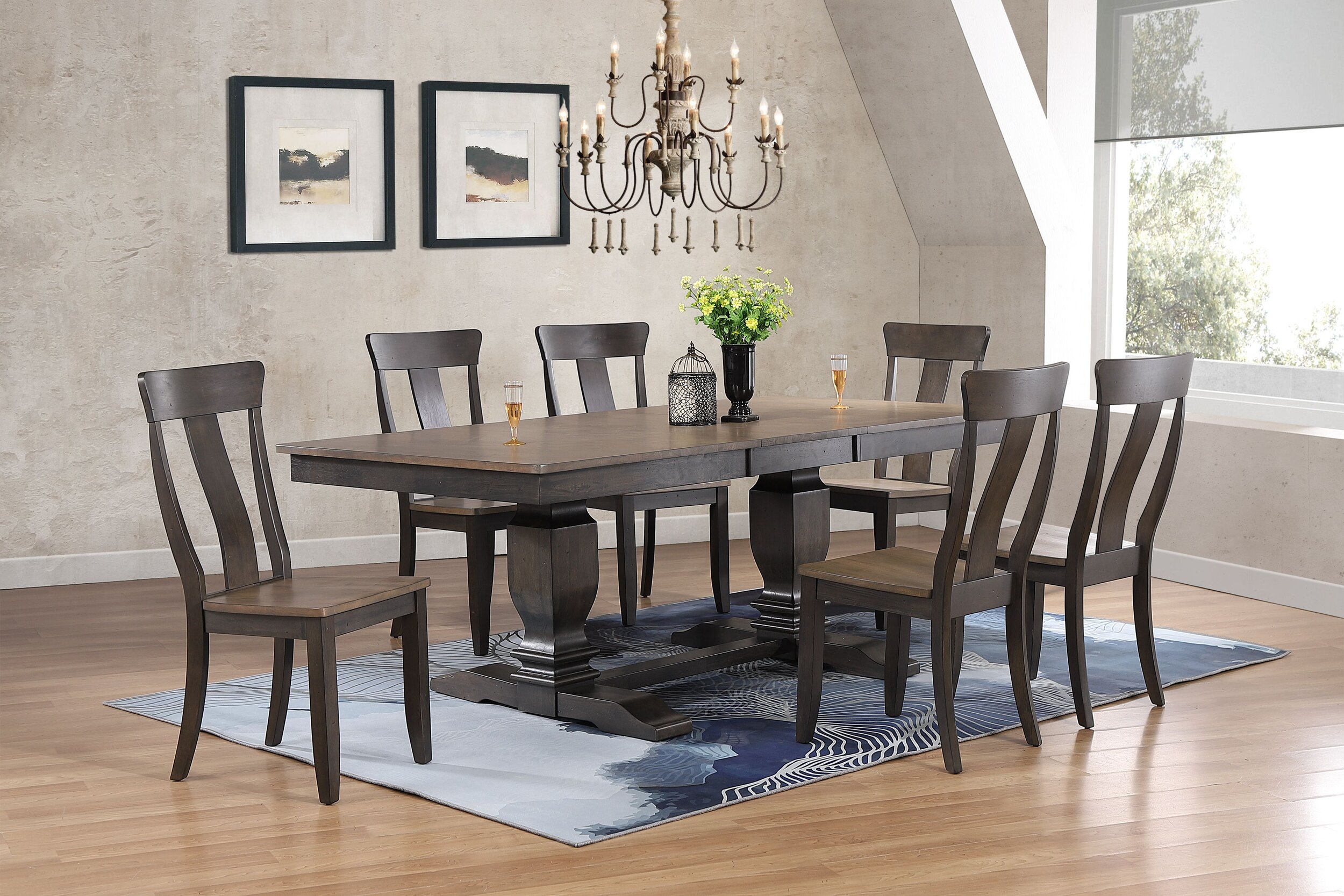 42"x64"x82" Double Transitional Pedestal In Antique Grey Stone Black Stone Panel Back 7-Piece Dining Set