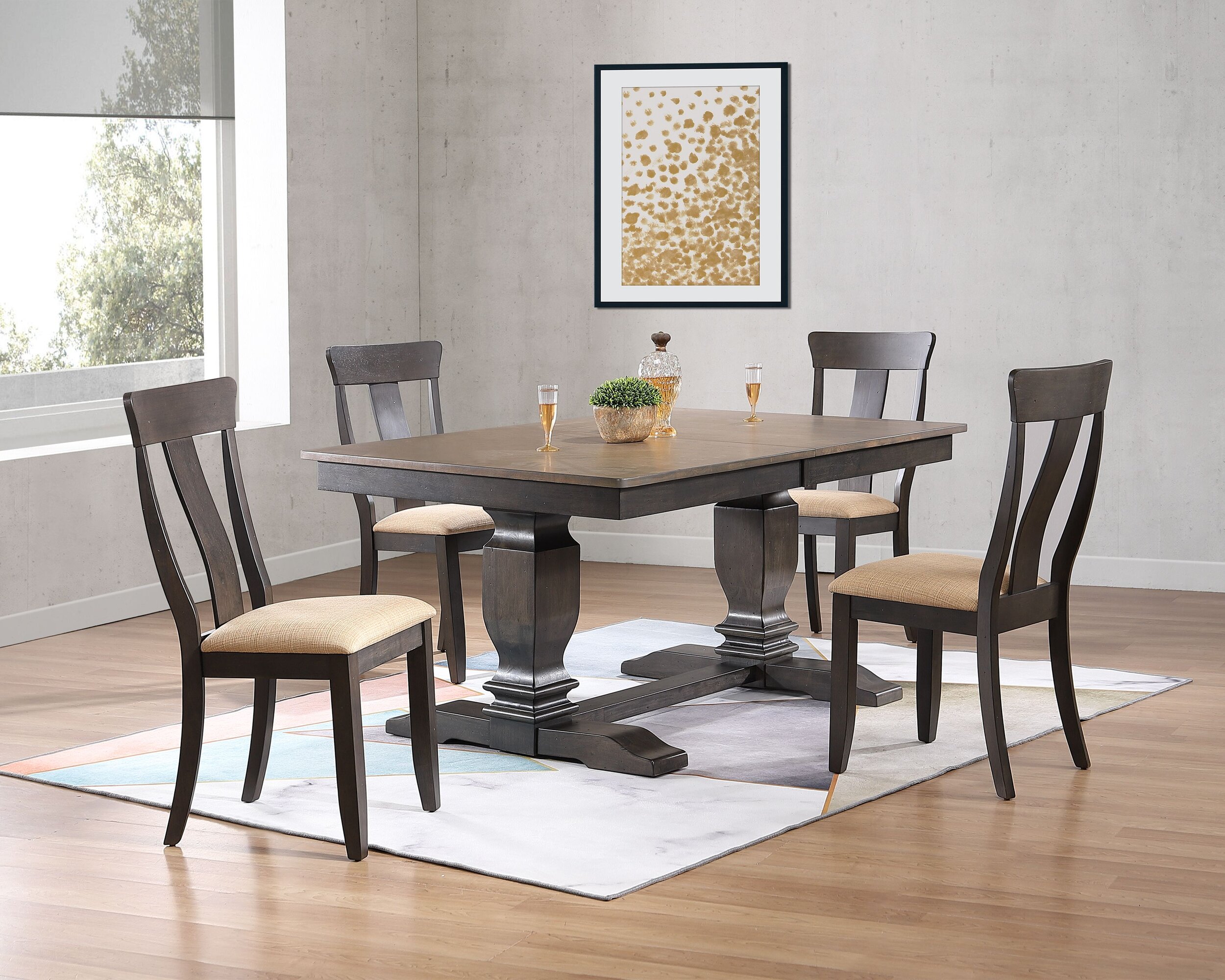 42"x64"x82" Double Transitional Pedestal Antique Grey Stone Black Stone Upholstered Panel Back 5-Piece Dining Set
