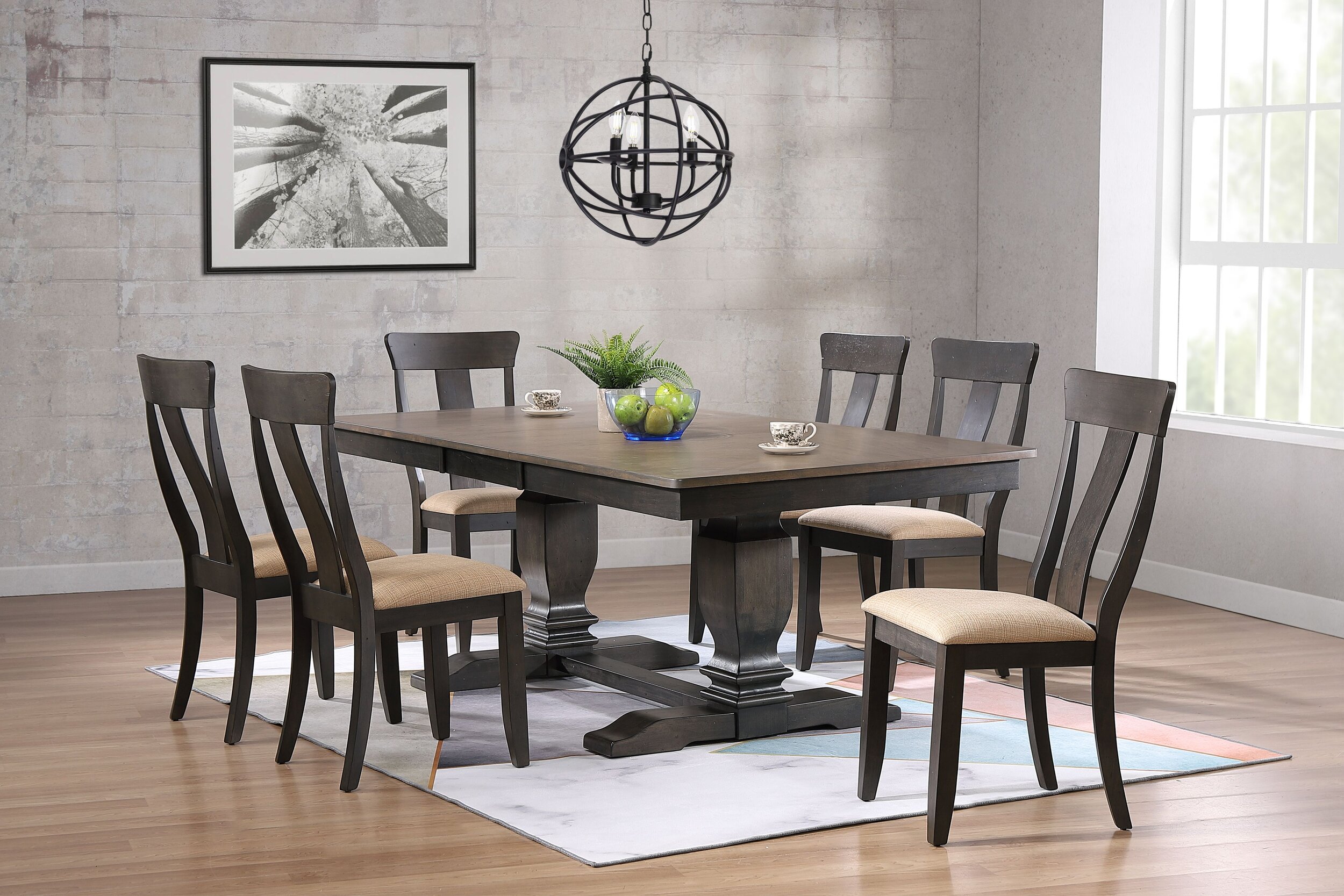 42"x64"x82" Double Transitional Pedestal Antique Grey Stone Black Stone Upholstered Panel Back 7-Piece Dining Set