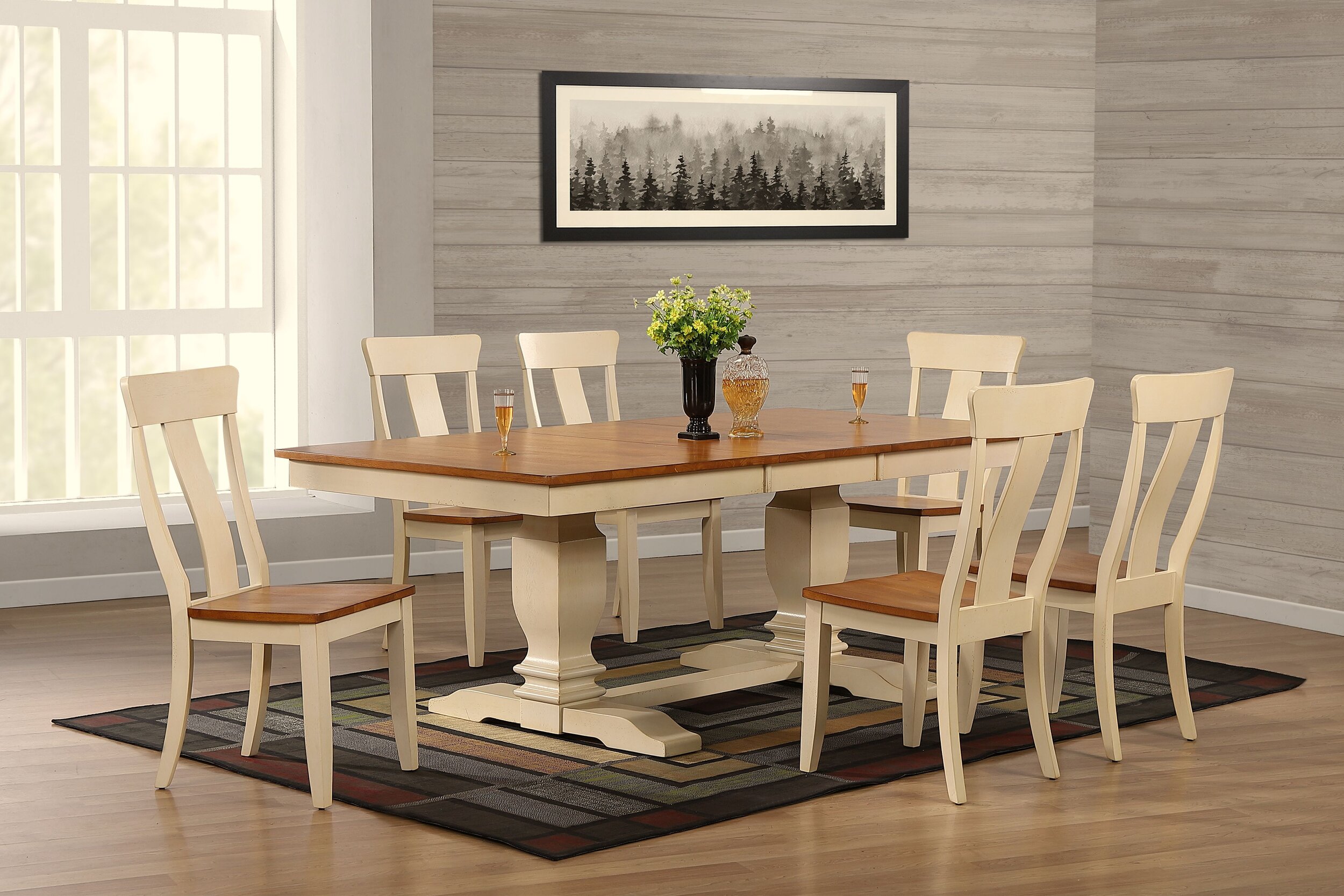 42"x64"x82" Double Transitional Pedestal In Antique Caramel Biscotti Panel Back 7-Piece Dining Set