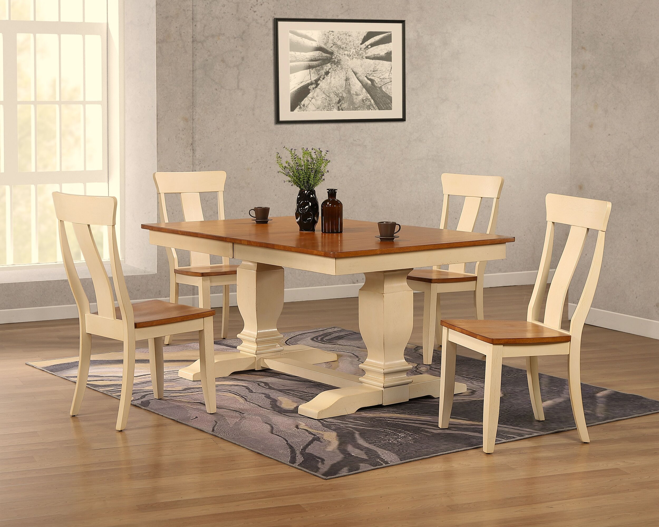 42"x64"x82" Double Transitional Pedestal In Antique Caramel Biscotti Panel Back 5-Piece Dining Set
