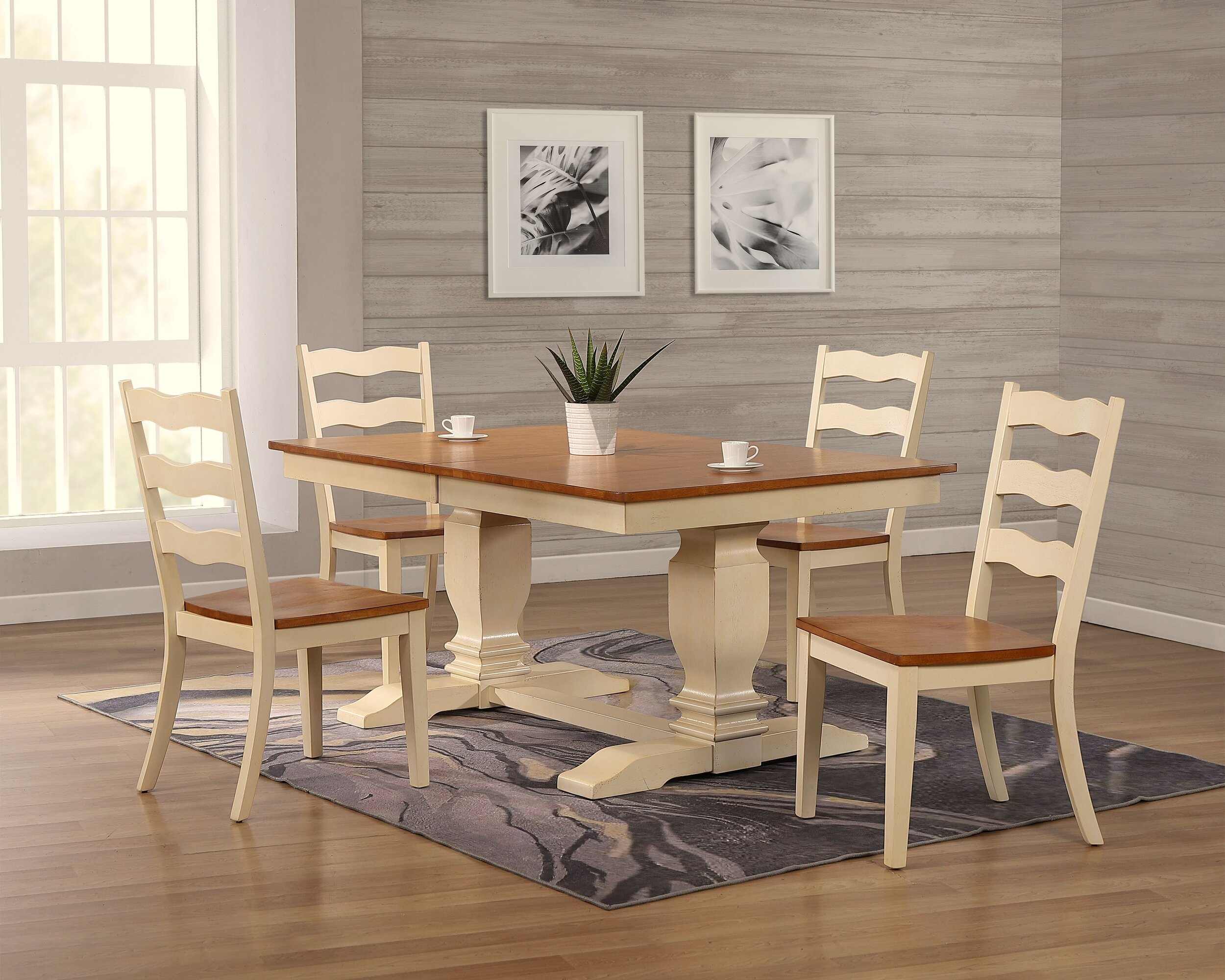 42"x64"x82" Double Transitional Pedestal Antique Caramel Biscotti Ladder Back 5-Piece Dining Set