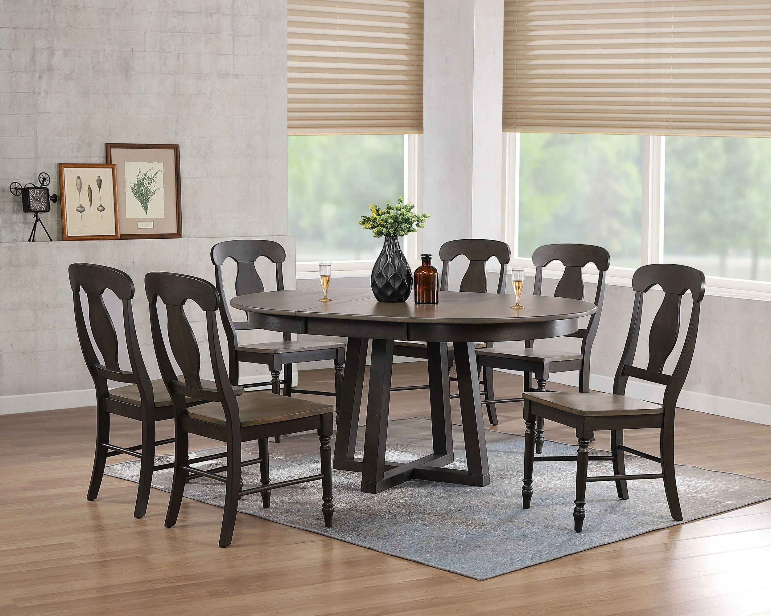 45"x45"x63" Antiqued Grey Stone Black Stone Napoleon Back 7-Piece Cross Pedestal Dining Set