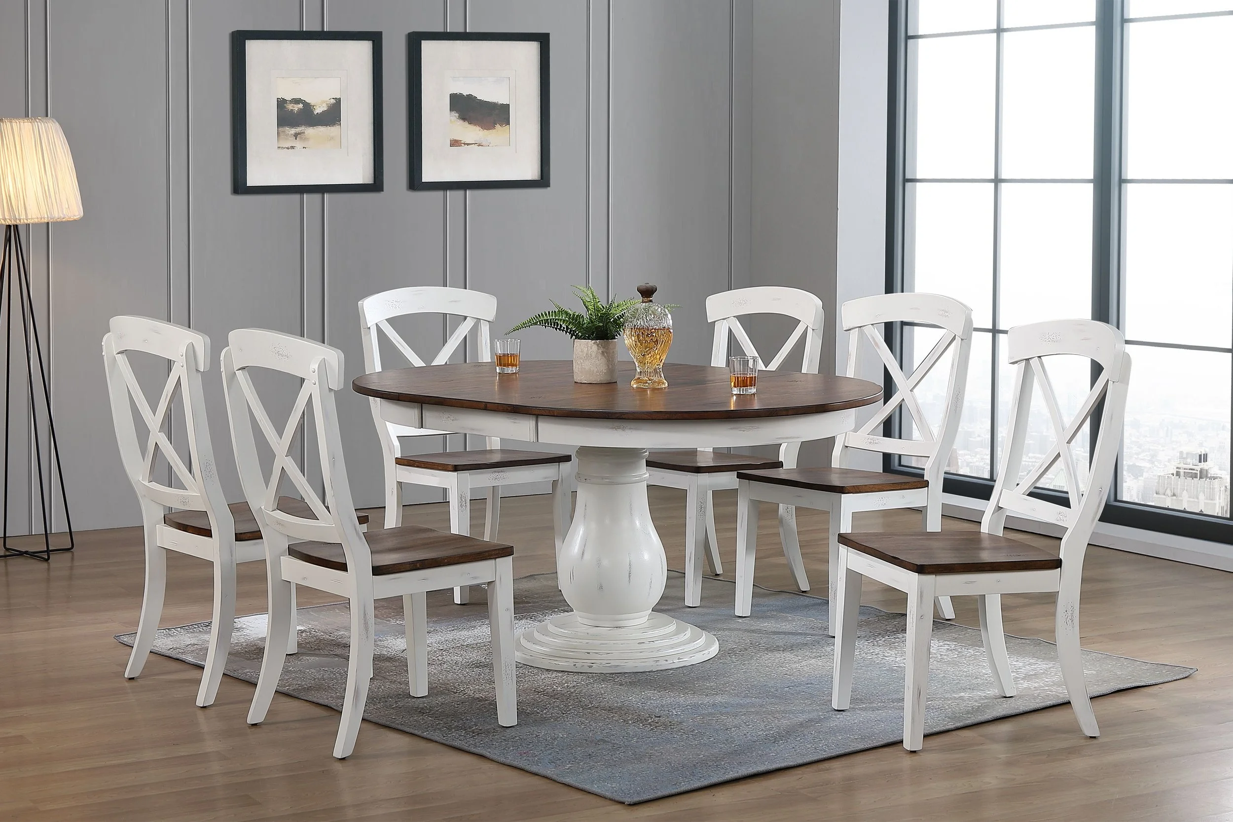 45"x45"x63" Distressed Cocoa Brown/ Cotton White Transitional X-Back 7-Piece Bella Dining Set