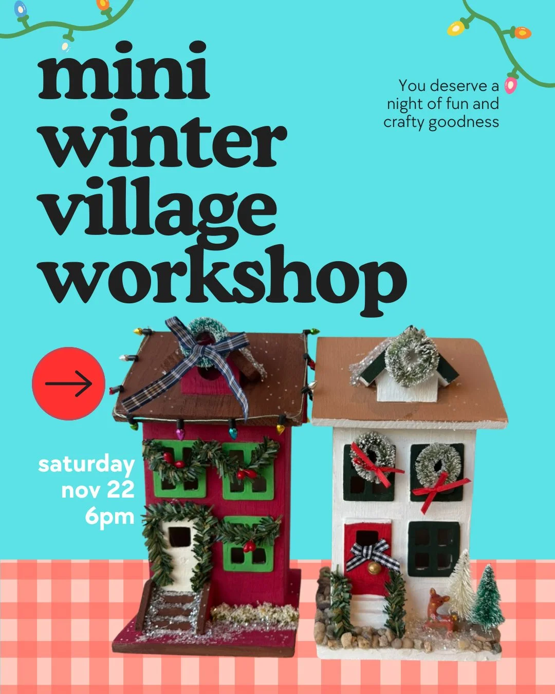 Tiny houses, big holiday vibes! Our DIY Mini Wooden Christmas Village workshop is the perfect way to kick off the season adult-style. 🍷⁠
⁠
Each guest starts with a simple wooden house and transforms it into a festive little masterpiece using our sta