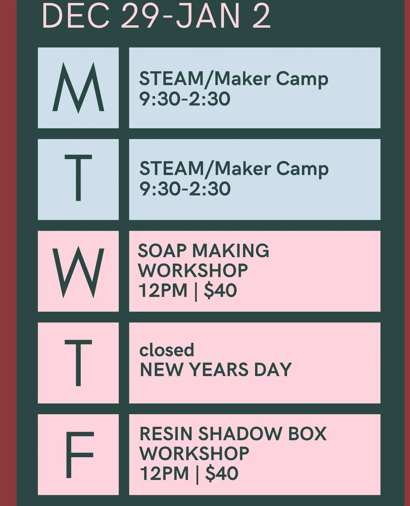 We're ringing in the new year with a busy and creative week! 🎨✨ From hands-on workshops to camps for kids, there&rsquo;s a lot happening! ⁠
⁠
Take a peek at what&rsquo;s coming up and join us in the studio to make, build, and create together. Spots 