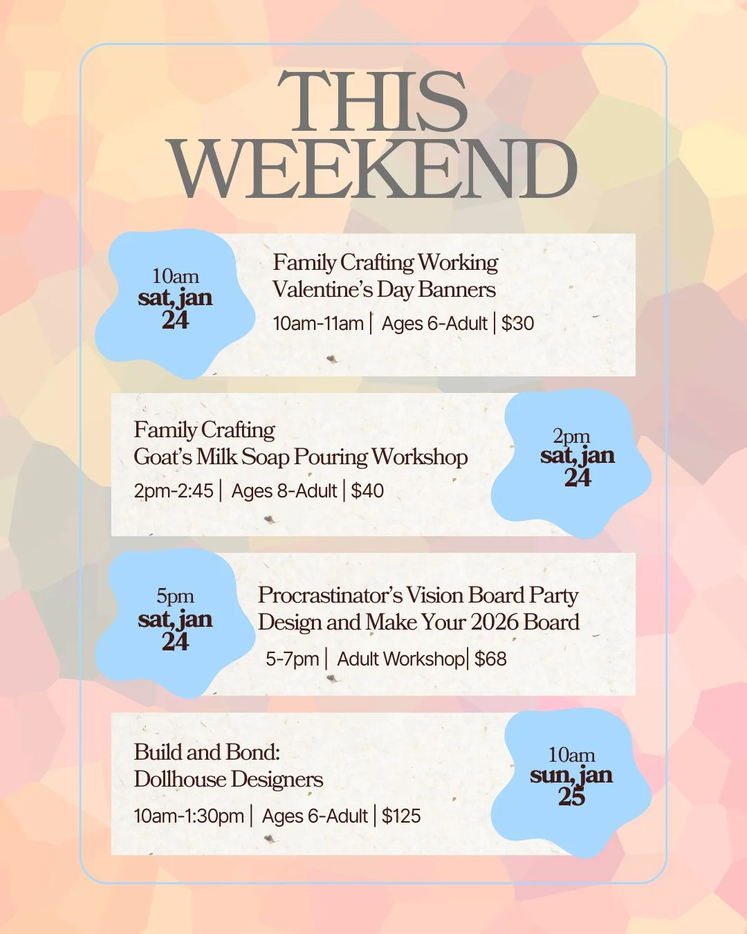 The weekend = new ways to make, build, and create at Design Hive! 🎨🛠️✨⁠
From soap making to dollhouse design, we&rsquo;ve got so much happening.⁠
This weekend is packed with hands-on fun for kids, adults, and everyone in between.⁠
⁠
Swipe to see wh