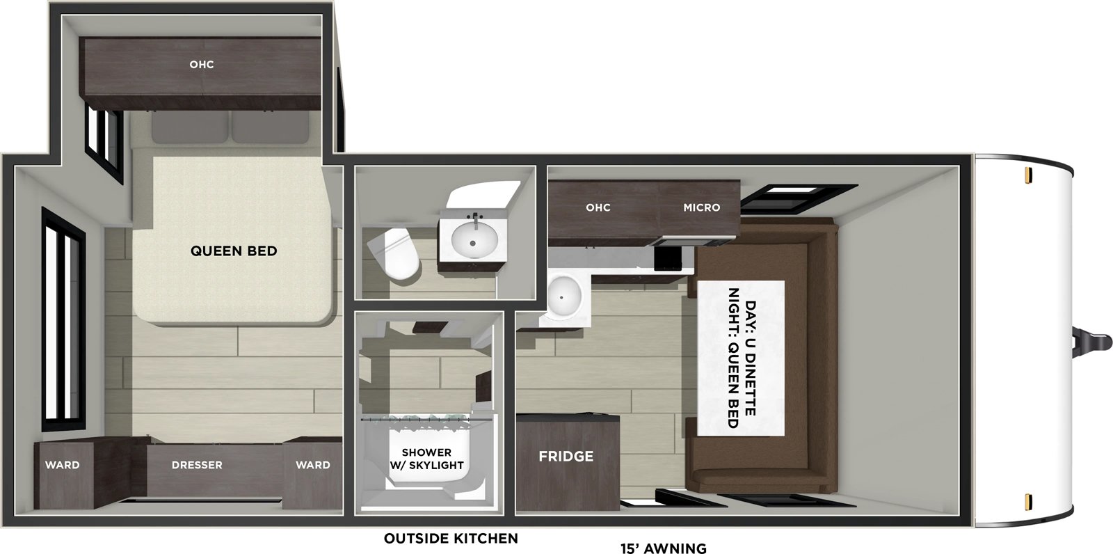 Floor plan of a tiny house with a queen bed, bathroom, shower, kitchenette, and a sitting area with a day bed.