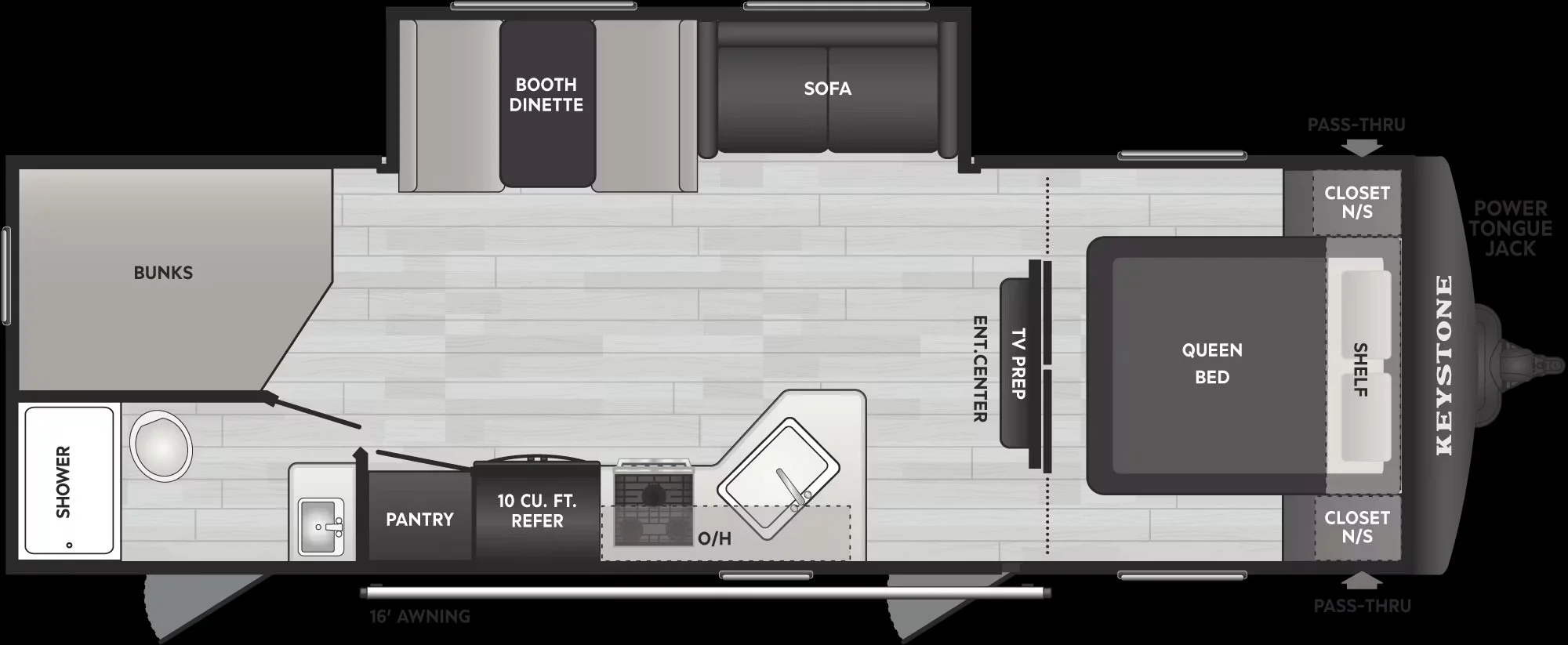 Floor plan of a recreational vehicle interior showing sleeping and living areas, kitchen, bathroom, and storage.