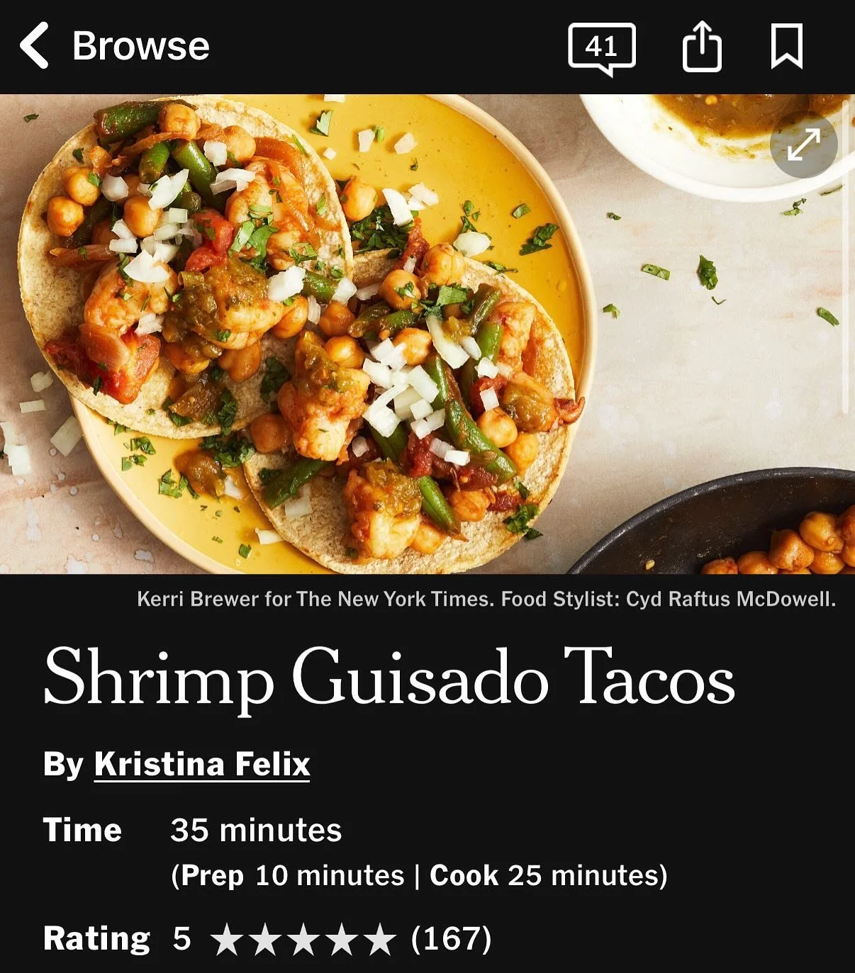 I&rsquo;ve got a new recipe up on @nytcooking for Shrimp Guisado Tacos and it&rsquo;s getting such great reviews. It&rsquo;s green beans, chickpeas, and shrimp simmered in a tomato and serrano sauce, served on warm corn tortillas, anointed with salsa