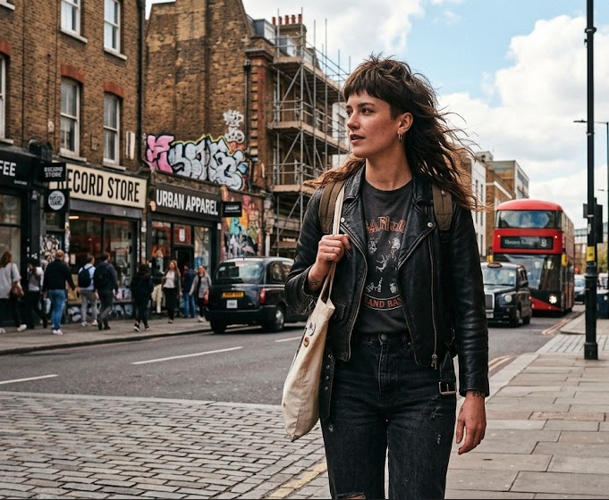 stylish woman mullet haircut urban street