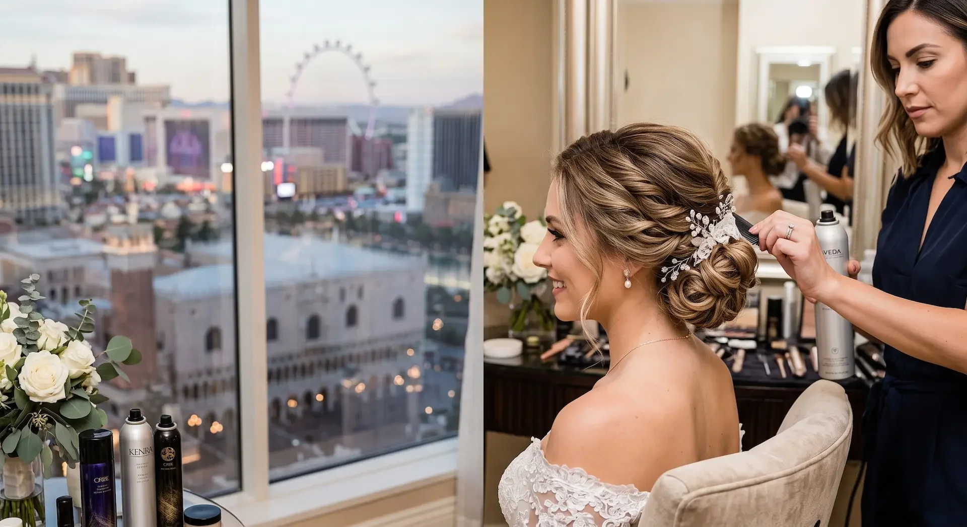 A smiling bride with an elegant braided updo and a decorative hair comb, getting her hair styled by a professional against a backdrop of the Las Vegas skyline with the High Roller Ferris wheel and Venetian-style buildings.