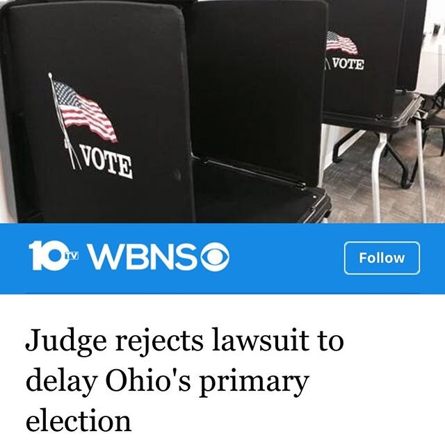 Update: The Supreme Court has delayed voting.
As of now, tomorrow&rsquo;s primary election is moving forward. https://www.10tv.com/article/judge-rejects-lawsuit-delay-ohios-primary-election-2020-mar #getoutthevote #stayhealthy