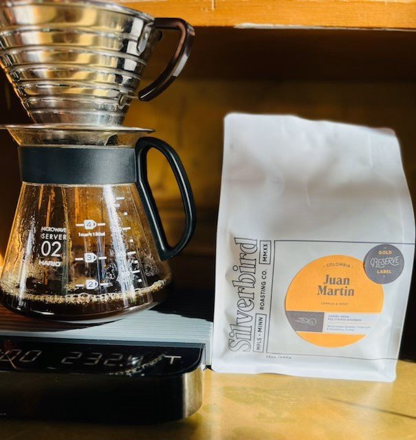 Our current pour-over option features Juan Martin by @Silverbirdcoffee. 

&quot;This cherry dried, red striped Bourbon, from Juan Martin is complex &amp; sweet with notes of watermelon gummies, pineapple &amp; raspberry truffles.&quot; - SilverBird R