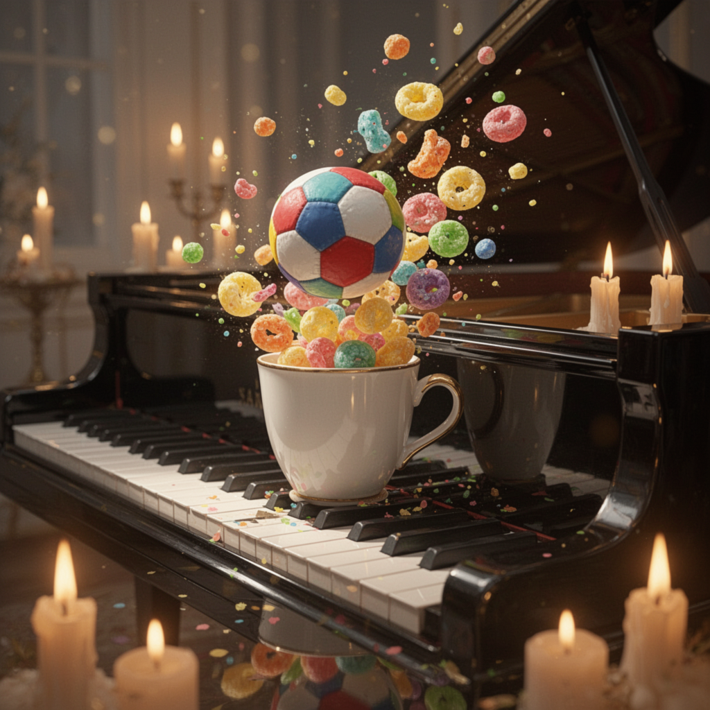 A piano, a ball, a cup and some food!