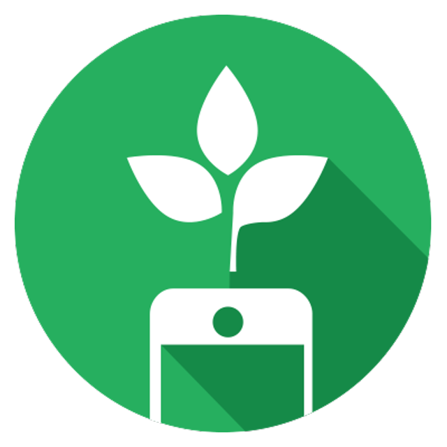 Icon of a mobile phone with a plant growing from it, symbolizing eco-friendly or sustainable technology.
