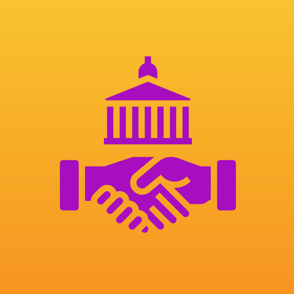 An icon of two hands shaking in front of a building.