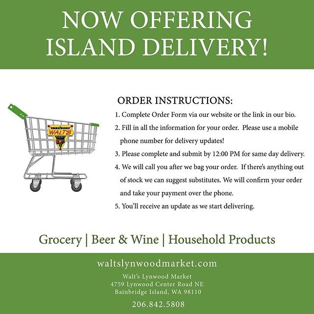 Walt&rsquo;s is offering grocery delivery to island residents Monday-Friday! Please be patient with us as we roll out this new service. For more information click on the link in our bio or visit our website. 
Stay safe and healthy.