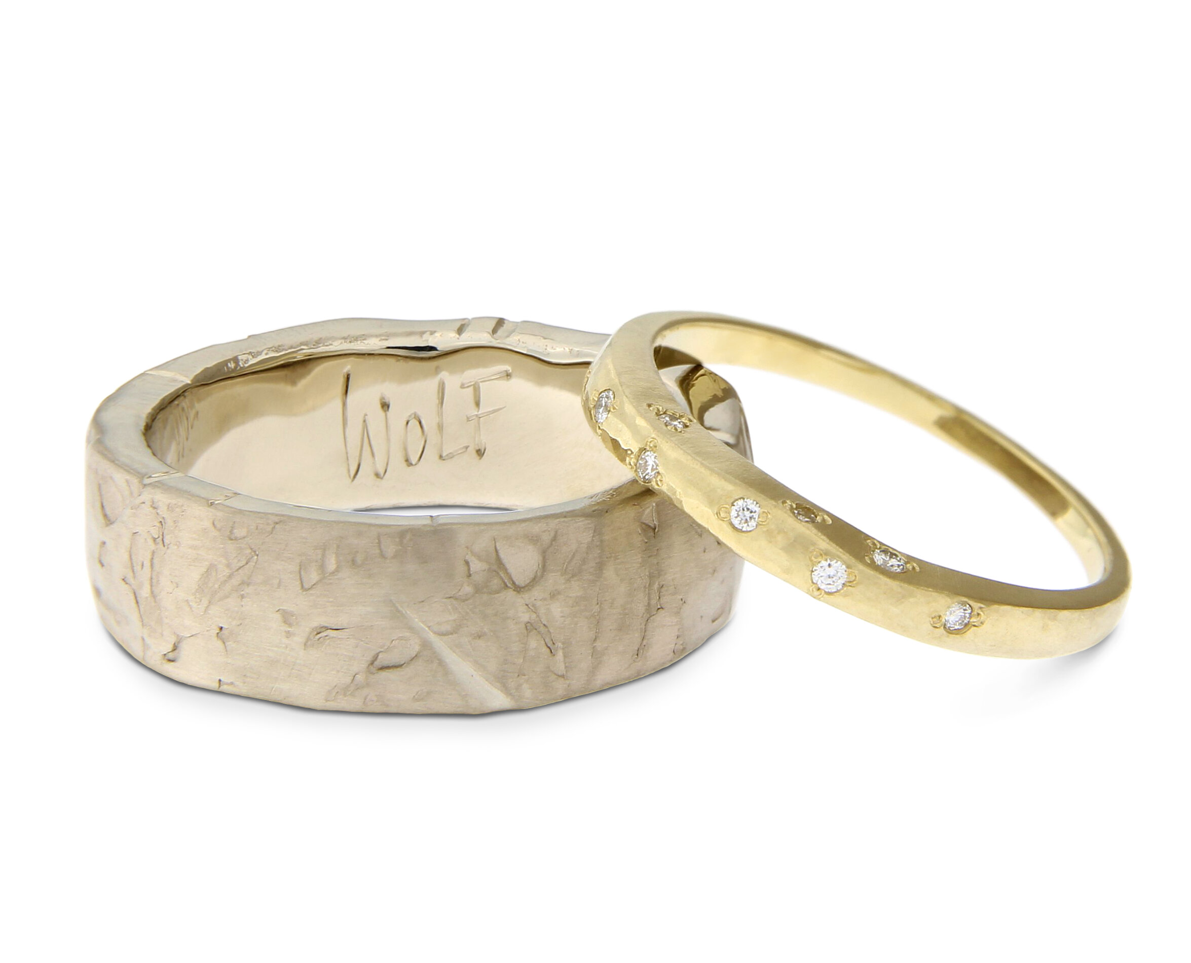 Custom engraving, hammered rings, Katie G. Jewellery