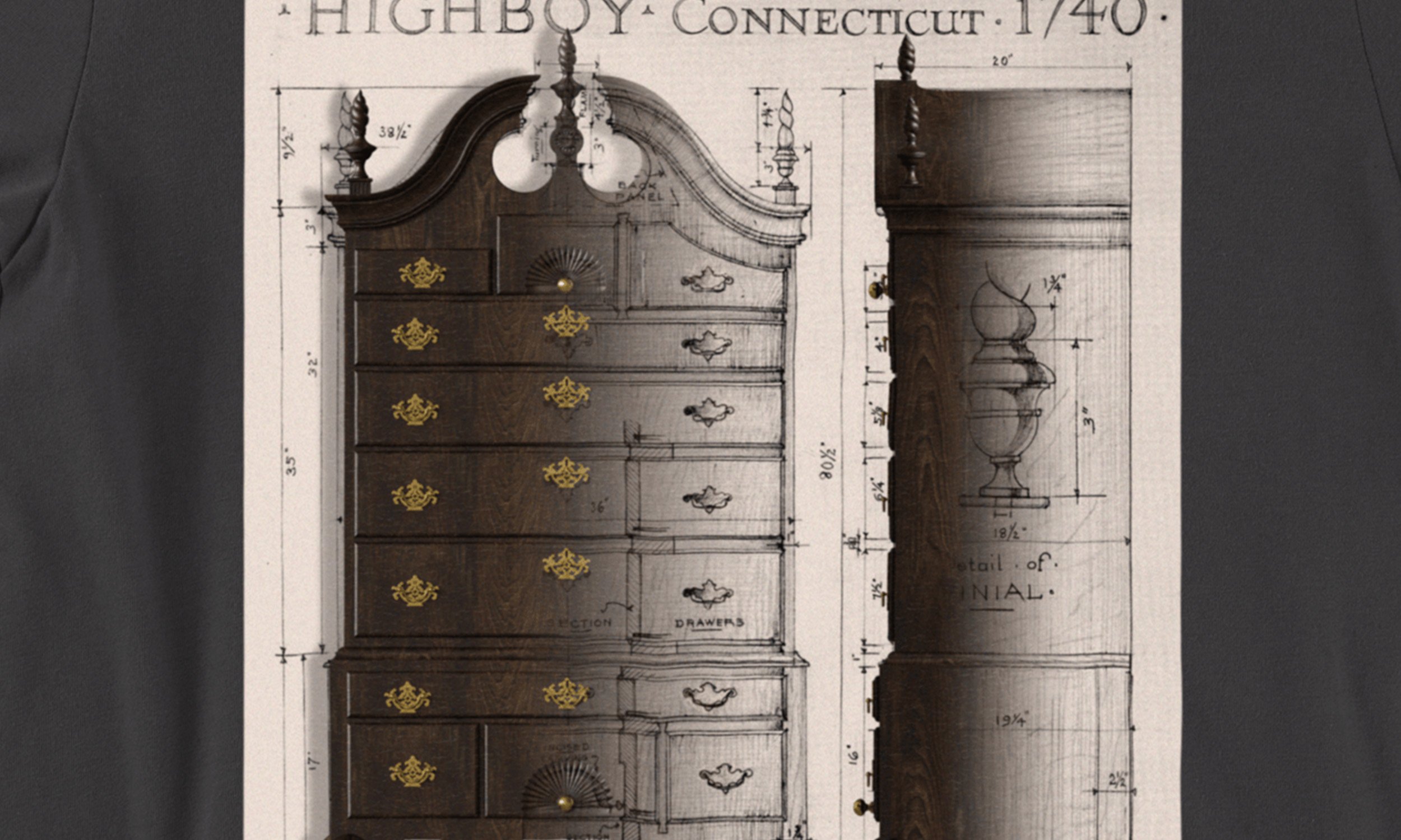   Highboy:  All that was needed here was… a complete (close enough) model of a highboy… so I could render it out atop the Lester Margon drawings. 