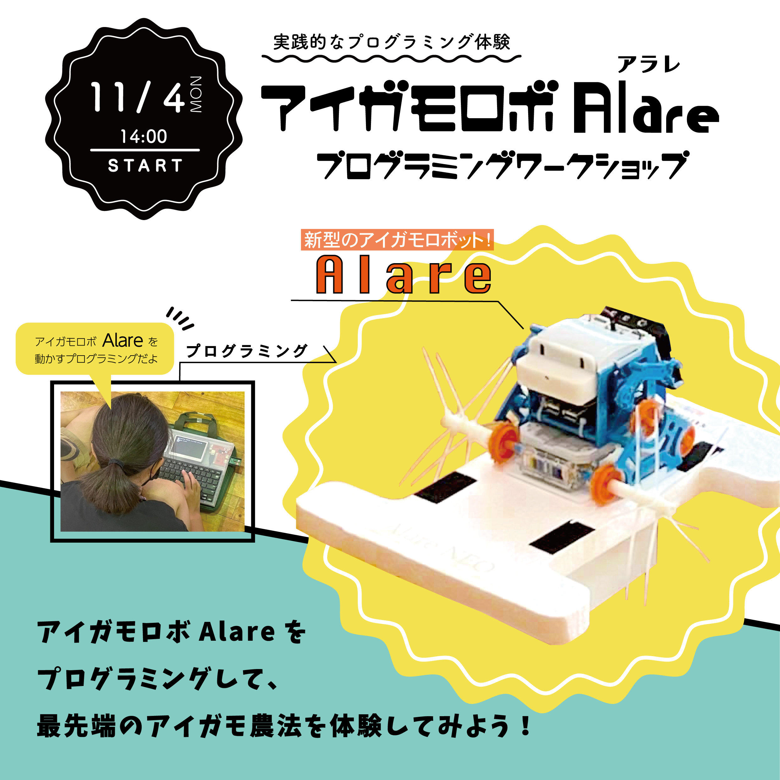 11月4日(月・祝)開催🦆 アイガモロボAlare プログラミングワークショップ👩‍💻🌾✨