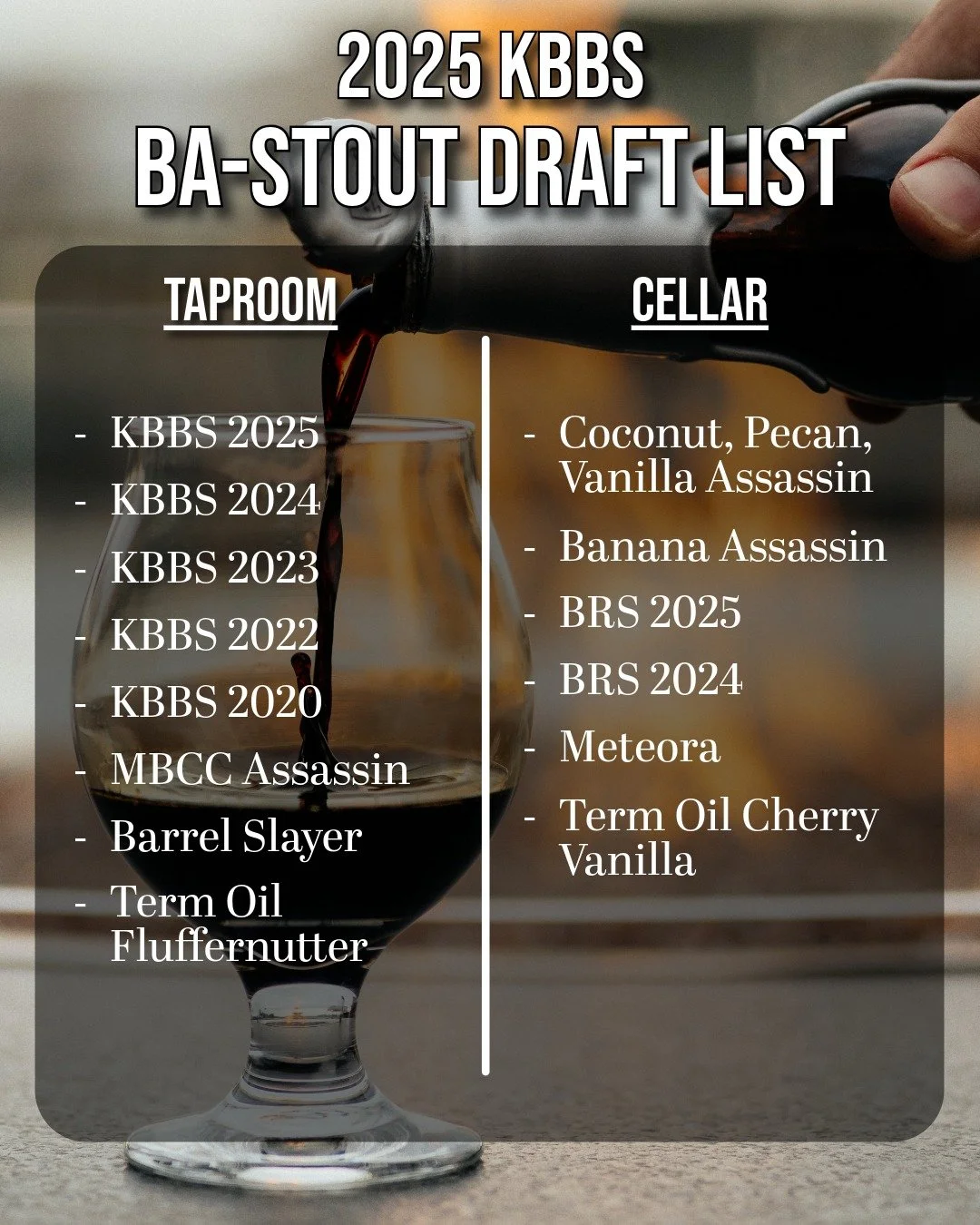 10 Days left until our 2025 Kentucky Brunch Brand Stout bottle release! 

Join us at our brewery to enjoy some rare barrel-aged tappings on December 13th! Our taproom AND cellar will be open to the public, so even if you didn't win a bottle, you and 