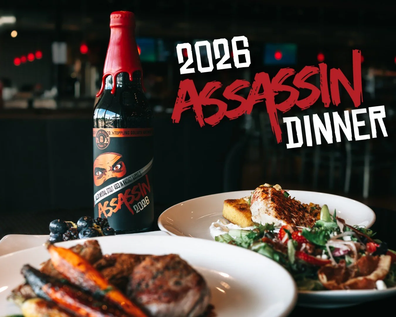 2026 Assassin Dinner🥷 

June 25th

A Midwest Summer Night: Lakes, Fields &amp; Barrel

FIRST COURSE:
Strawberry Goat Cheese Salad | Spring greens, fresh strawberries, goat cheese, candied pecans, crispy prosciutto, pickled shallots, and strawberry b