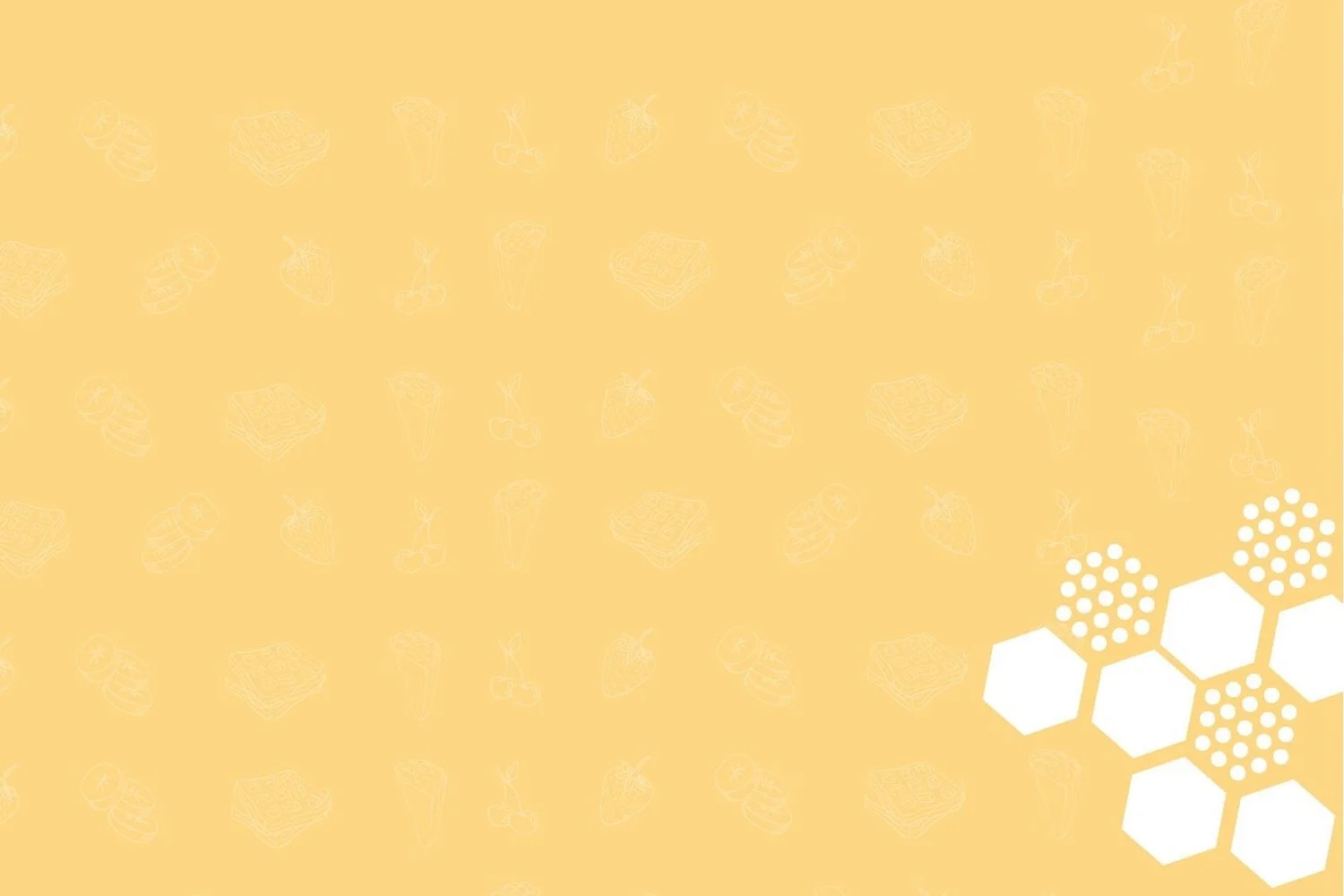 Yellow background with faint Crazy Waffle Bar Logo sketches - a cluster of white hexagons and dots in the lower right corner.