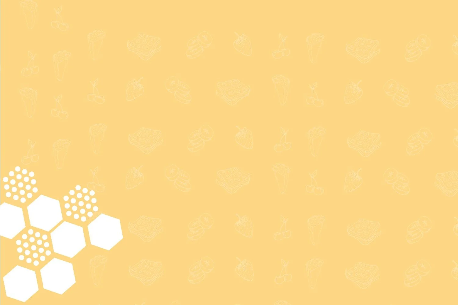 Light yellow background with faint Crazy Waffle Bar images of desserts and cherries, and white honeycomb pattern in the bottom left corner.