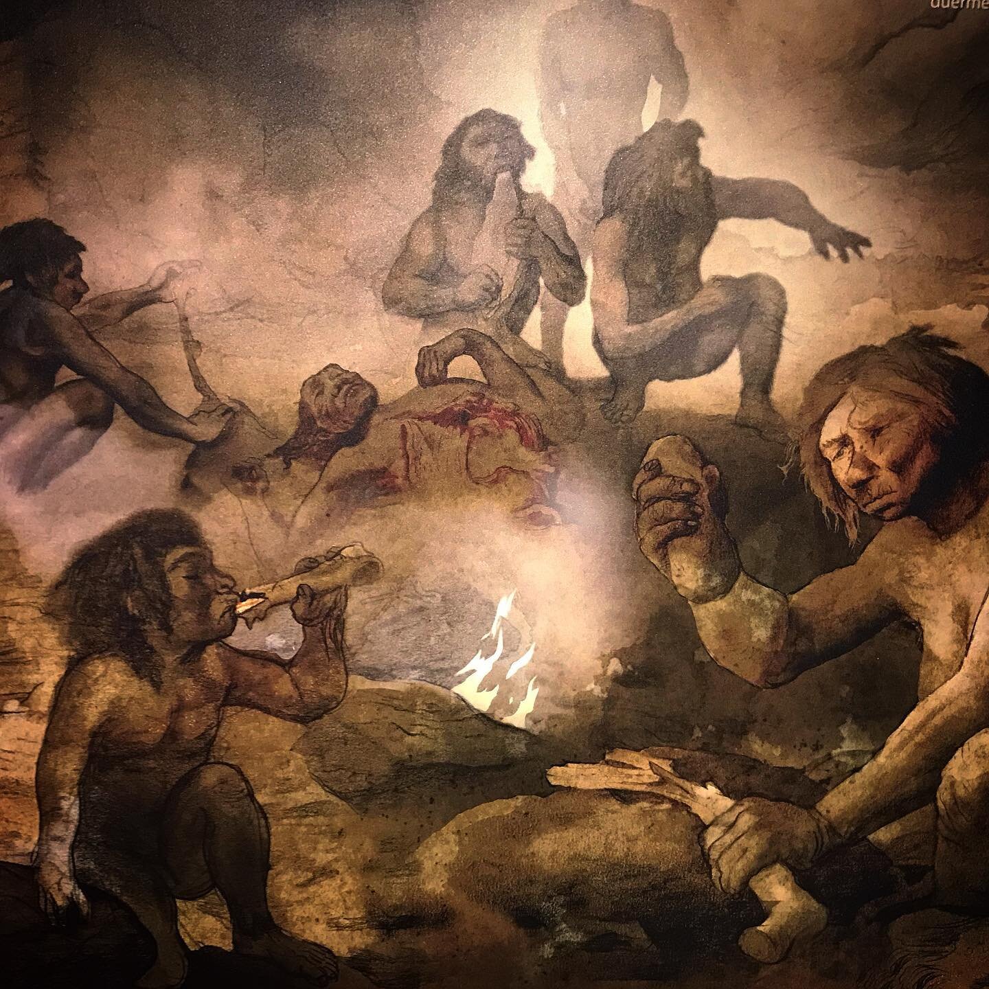 Last Supper.  Scene from 49,000 years ago.  A group of 13 Neanderthal individuals was eaten, and presumably killed by another group.

Current archaeological evidence indicates it could only have been their own species.  Neanderthals. Cannibalism.

It