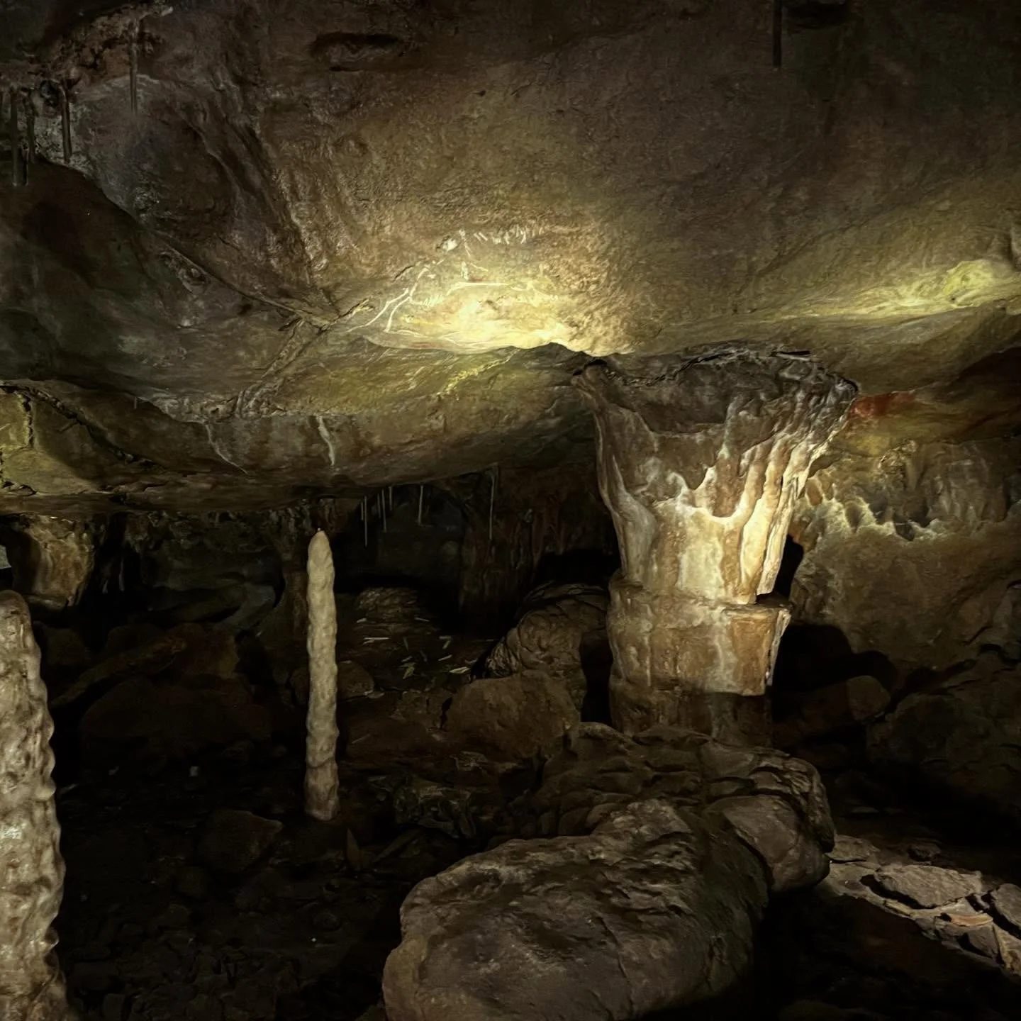Beyond Surviving.  A ritual space deep in a cave?

Paleolithic people survived by hunting/gathering/fishing for seasonal and geographic resources quite opportunistically.  At times they lived in outdoor camps, at others they sheltered at natural cave