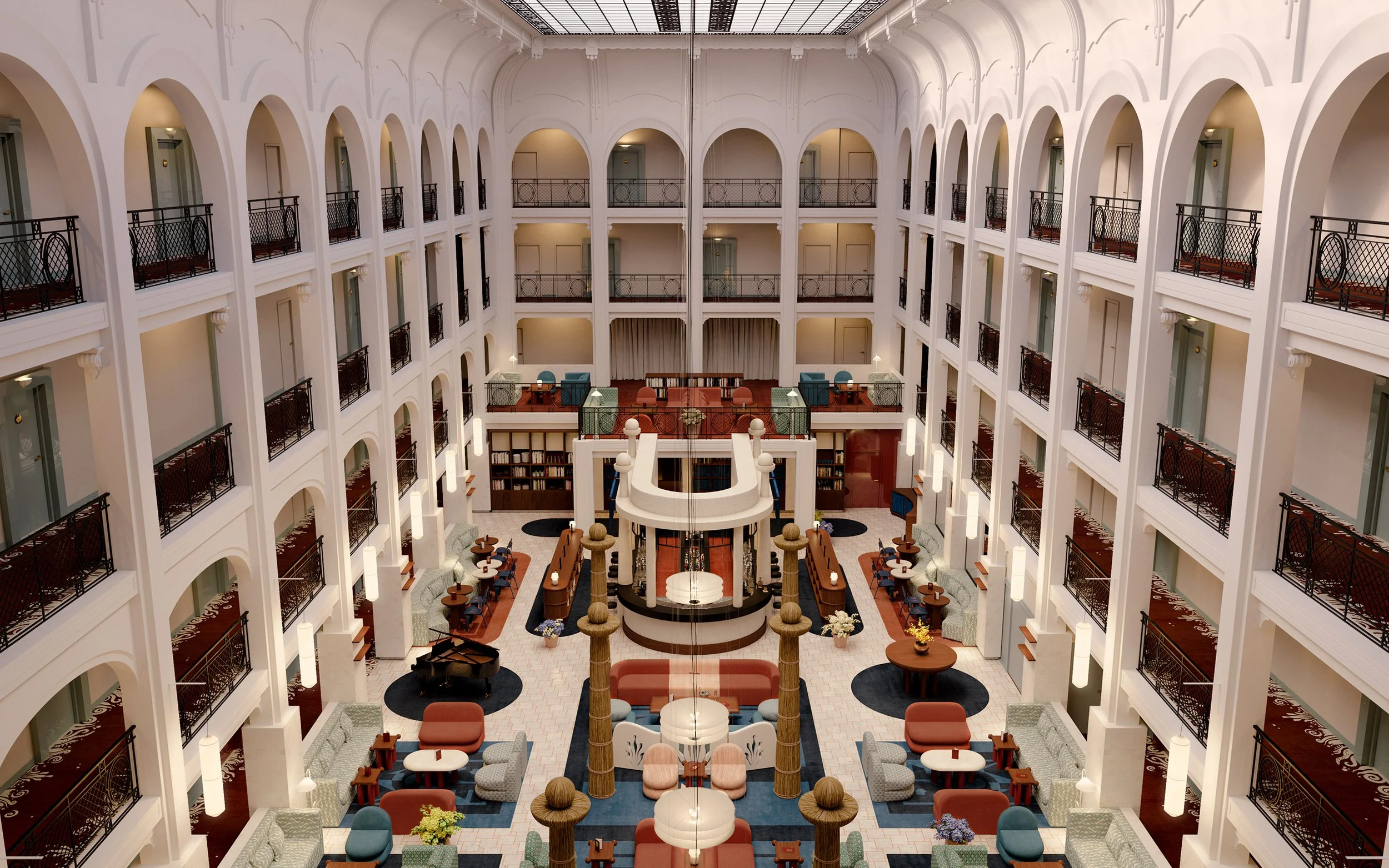 Interior of a spacious hotel atrium with multiple levels of balconies, seating areas, and a grand piano near the bottom left.