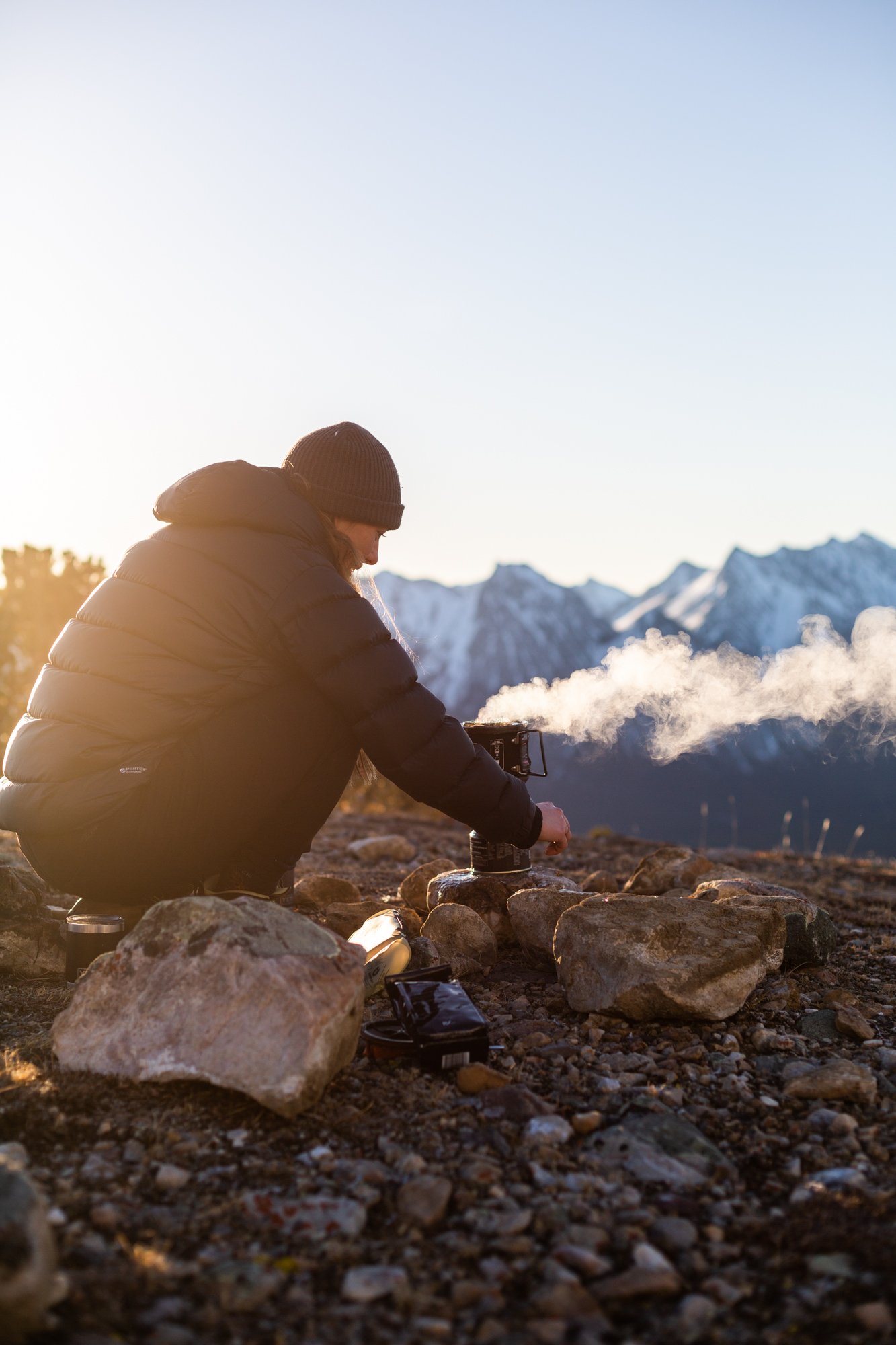 SUNRISE IN THE MOUNTAINS WITH SOMEONE COOKING BREAKFAST