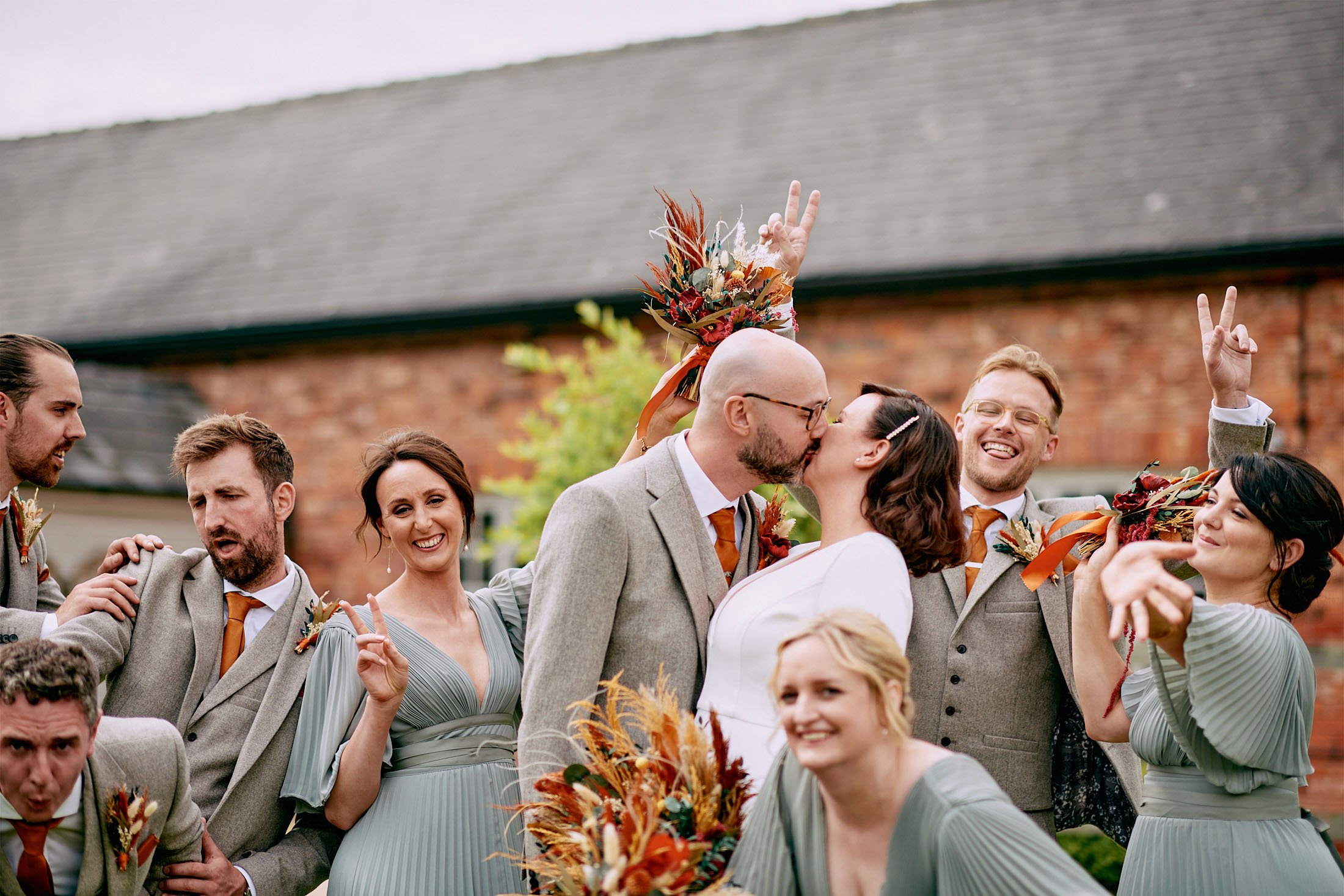 bridal party being silly at Larkspur Lodge