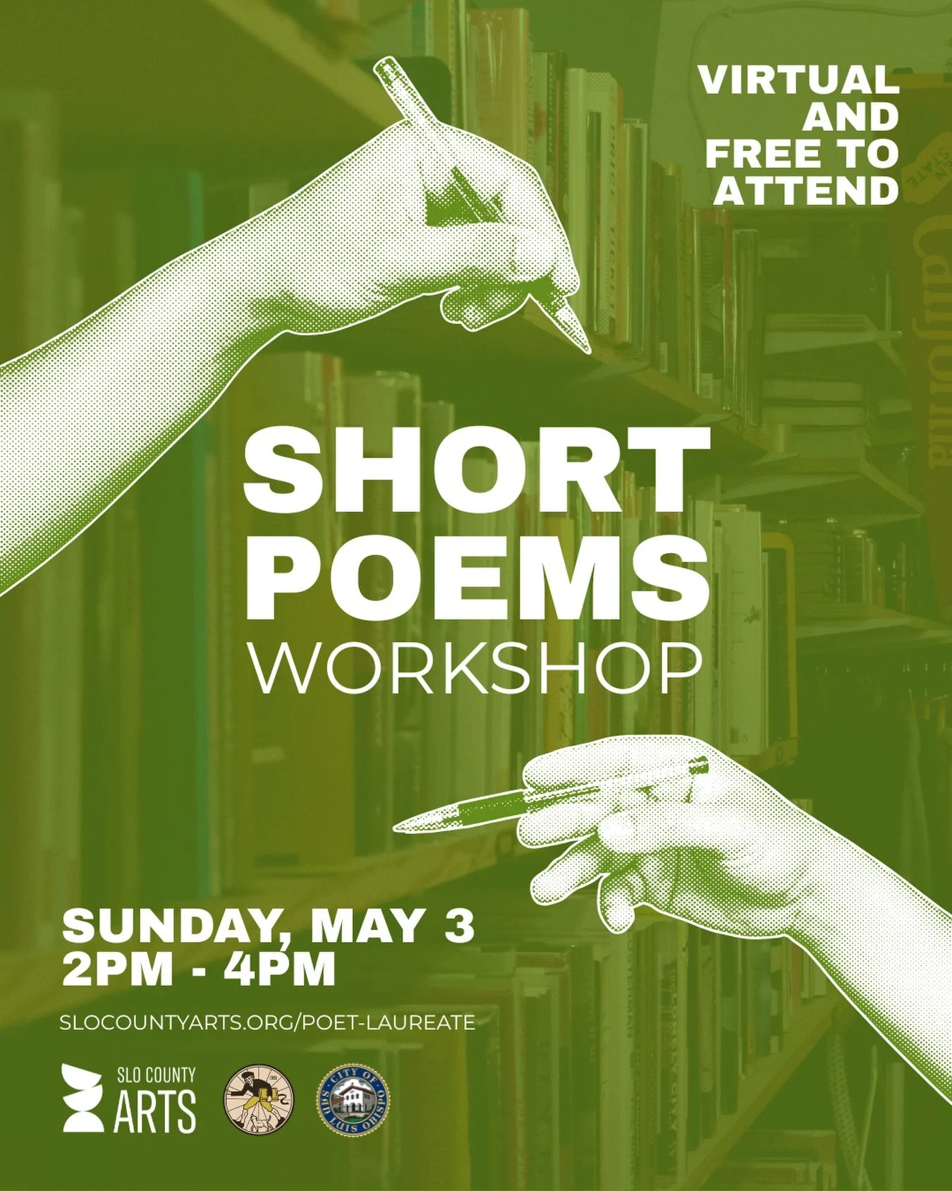 We&rsquo;re hosting a free virtual Short Poems Workshop on the afternoon of Sunday, May 3rd!

Join Poet Laureate Caleb Nichols and SLO County Arts Executive Director Jordan Chesnut for a generative workshop that explores the short poem. We&rsquo;ll t