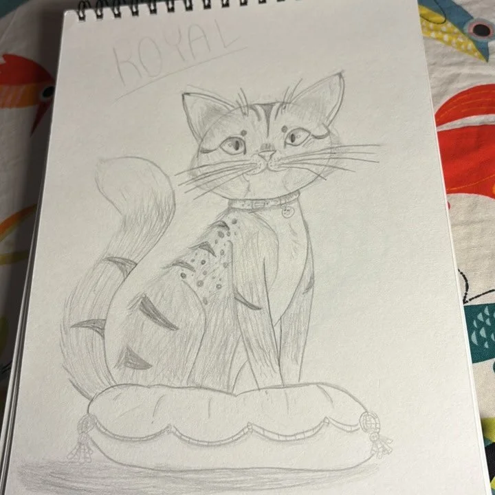 This is Royal. Royal is a cat I drew out of my imagination. Her owners are supposedly very wealthy or powerful, perhaps a, like, uh, I dunno. A princess? King? Queen? All? She lives a life on satin pillows and fancy canned food, and occasionally dry 